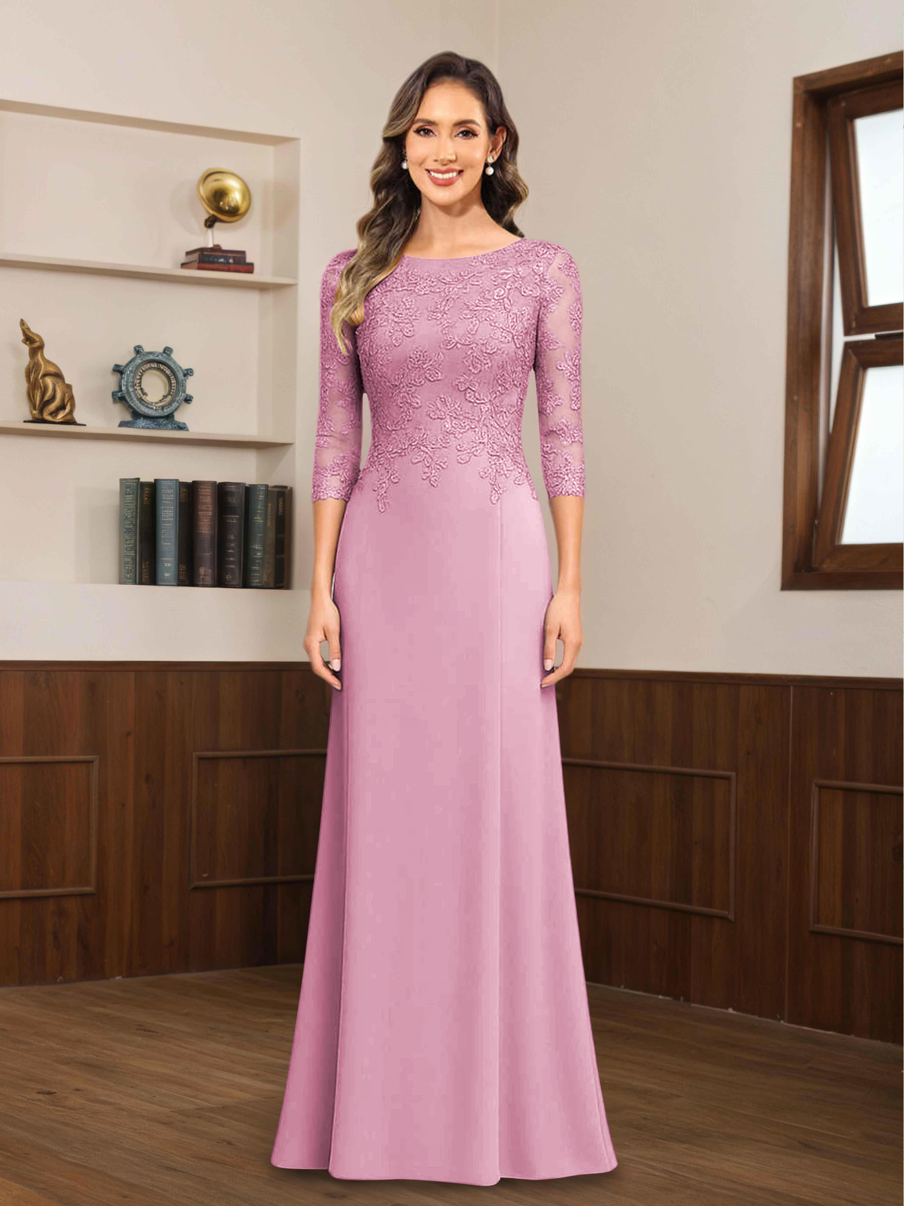Robes Mère De La Mariée En Mousseline À Dentelle Appliqués Demi Manches Mireya