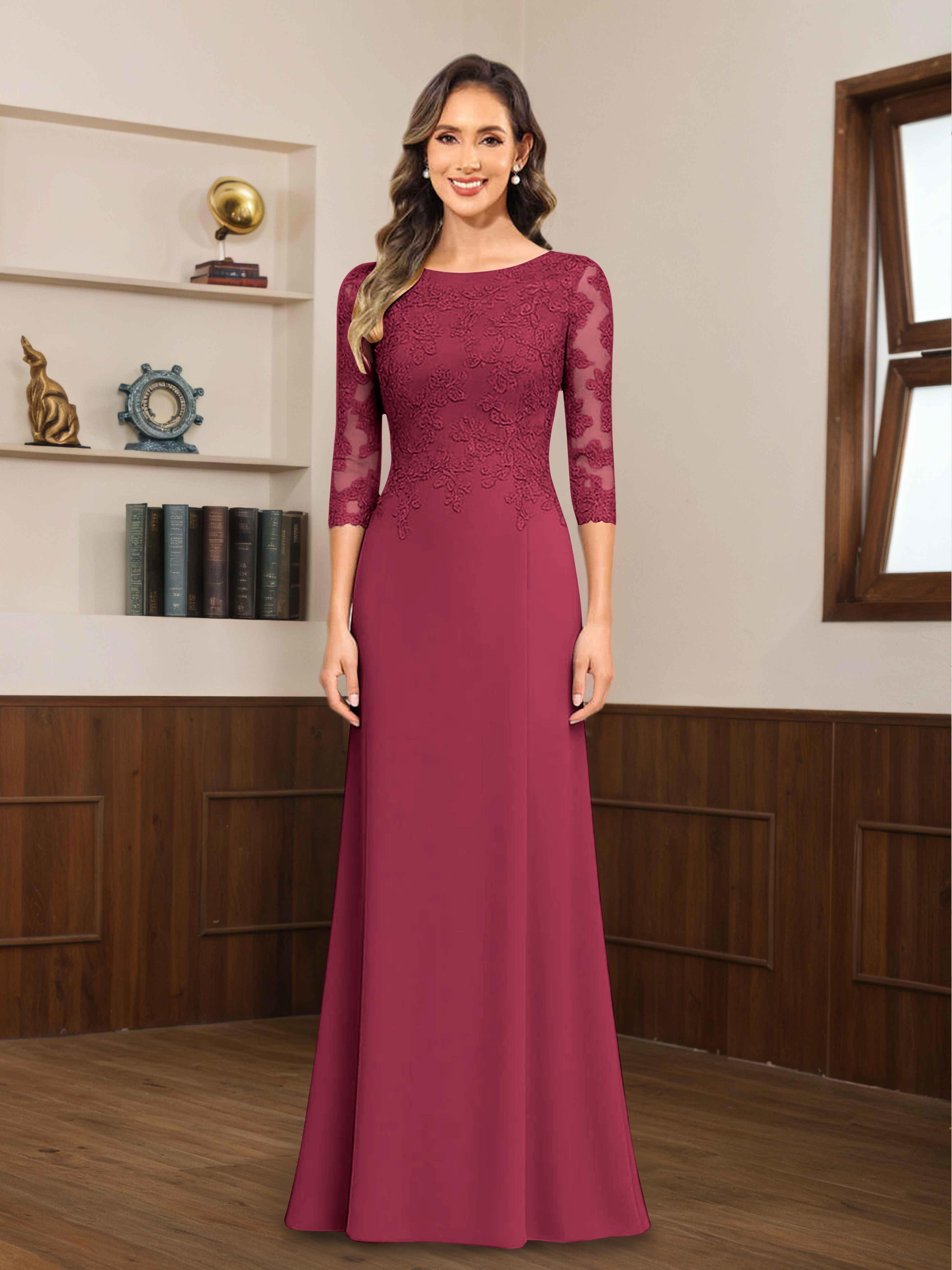 Robes Mère De La Mariée En Mousseline À Dentelle Appliqués Demi Manches Mireya