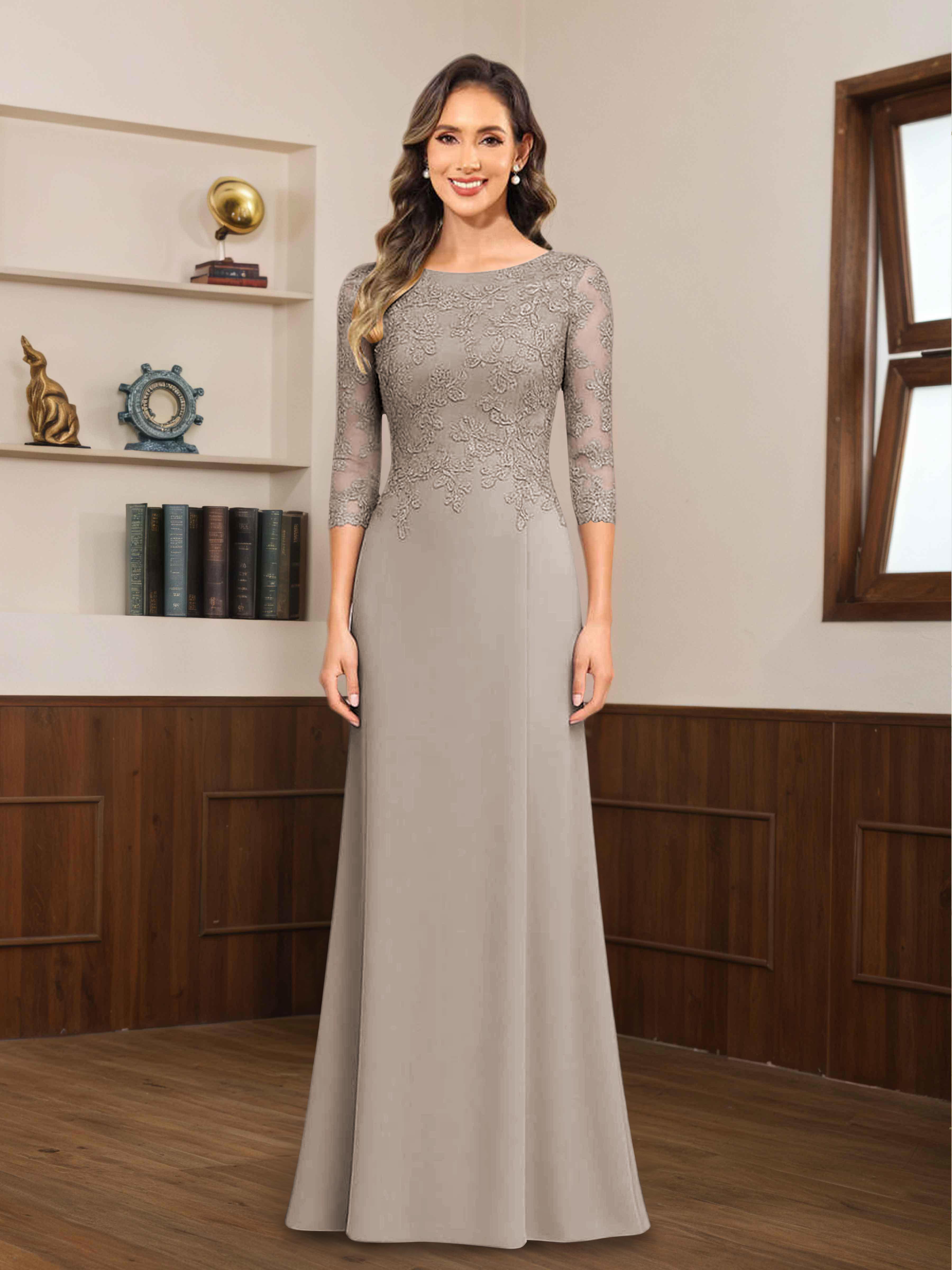 Robes Mère De La Mariée En Mousseline À Dentelle Appliqués Demi Manches Mireya