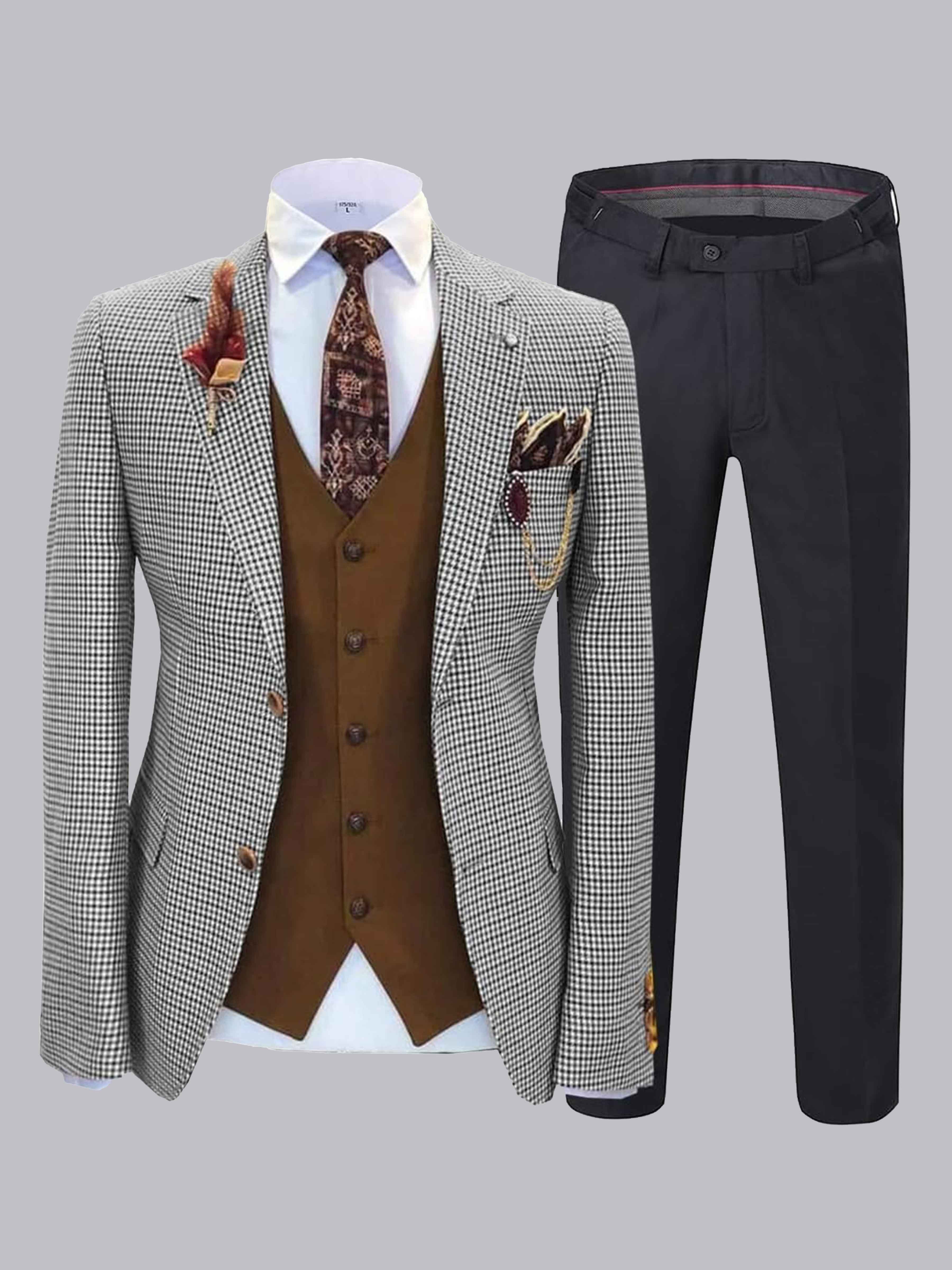 Costume Homme 3 Pièces À Motif Pied-De-Poule Revers Crantés Deux Boutons