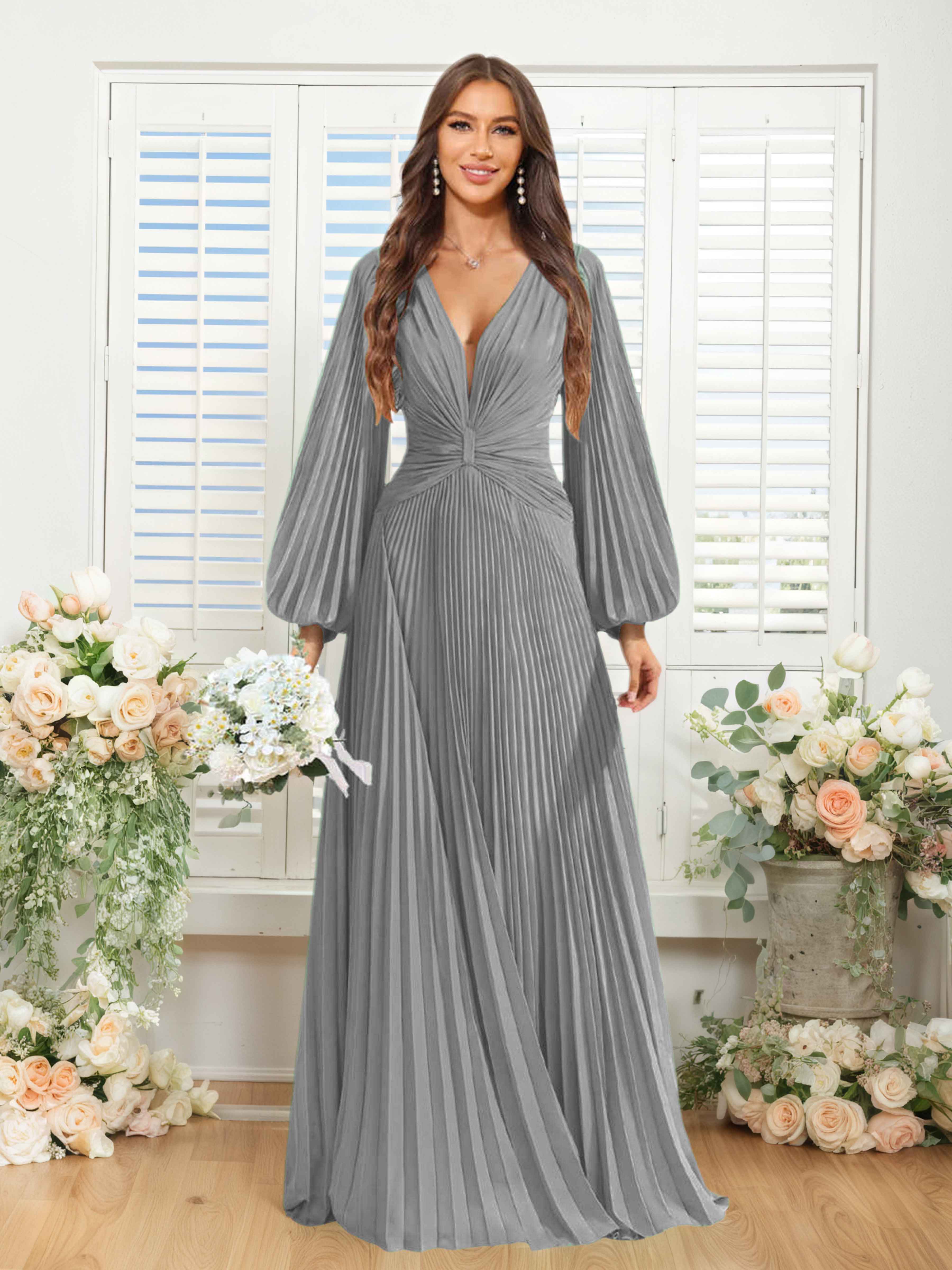 Robes De Demoiselle D'Honneur En Mousseline À Col V Ruché Longue Nerys