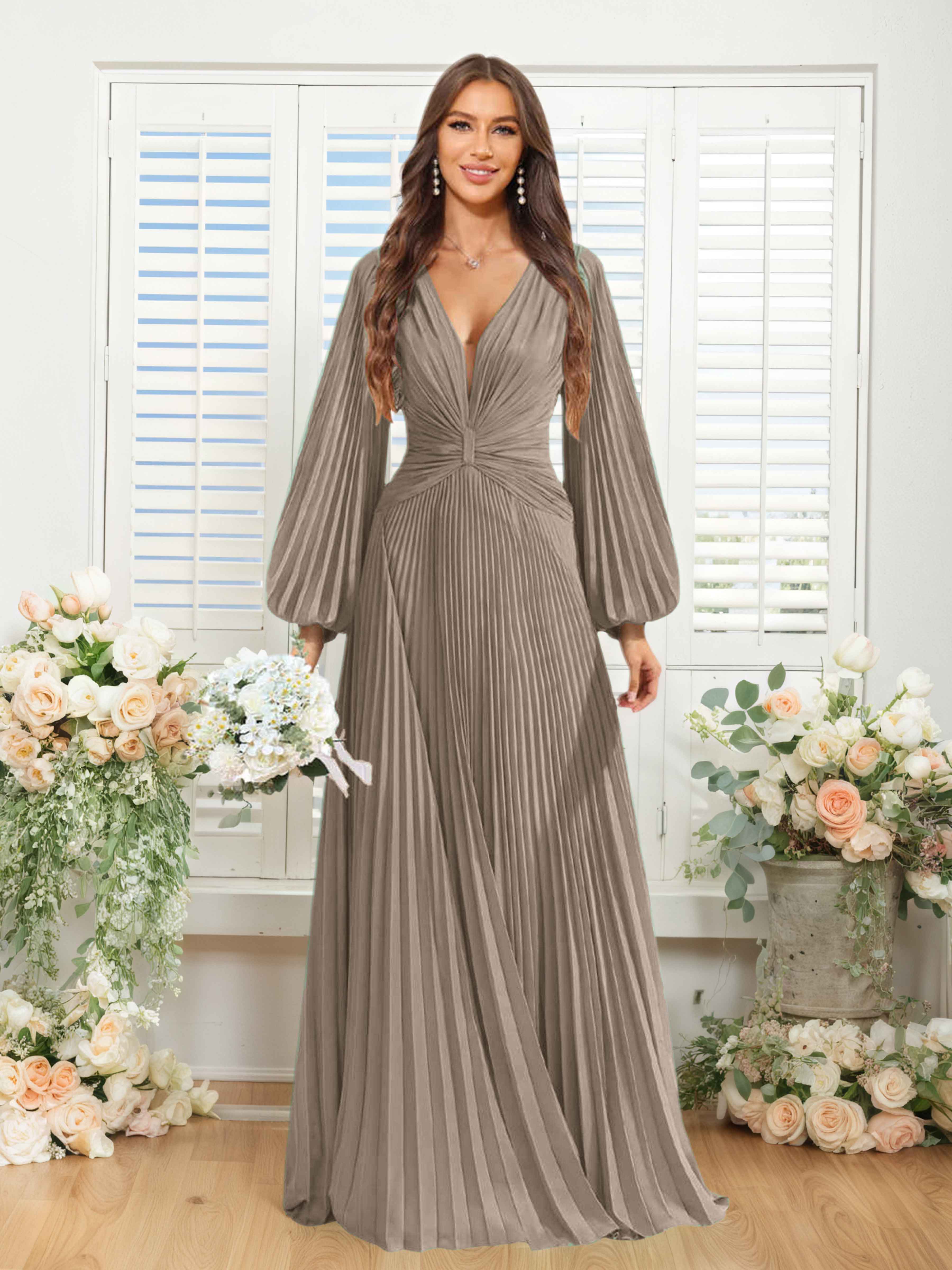 Robes De Demoiselle D'Honneur En Mousseline À Col V Ruché Longue Nerys