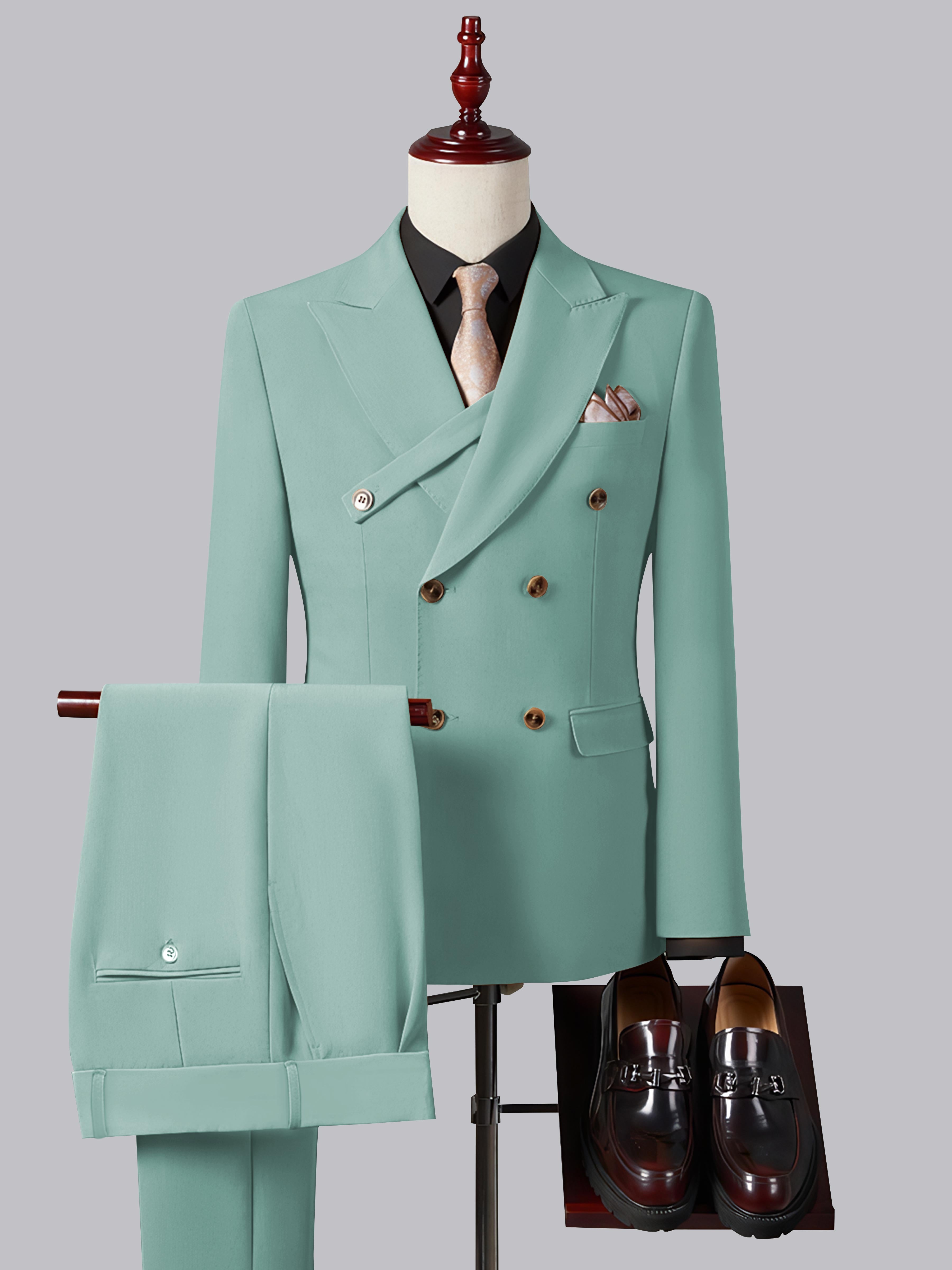 Costume Homme Ajusté Élégant Double Boutonnage Ceinturé À Revers Pointus 2 Pièces
