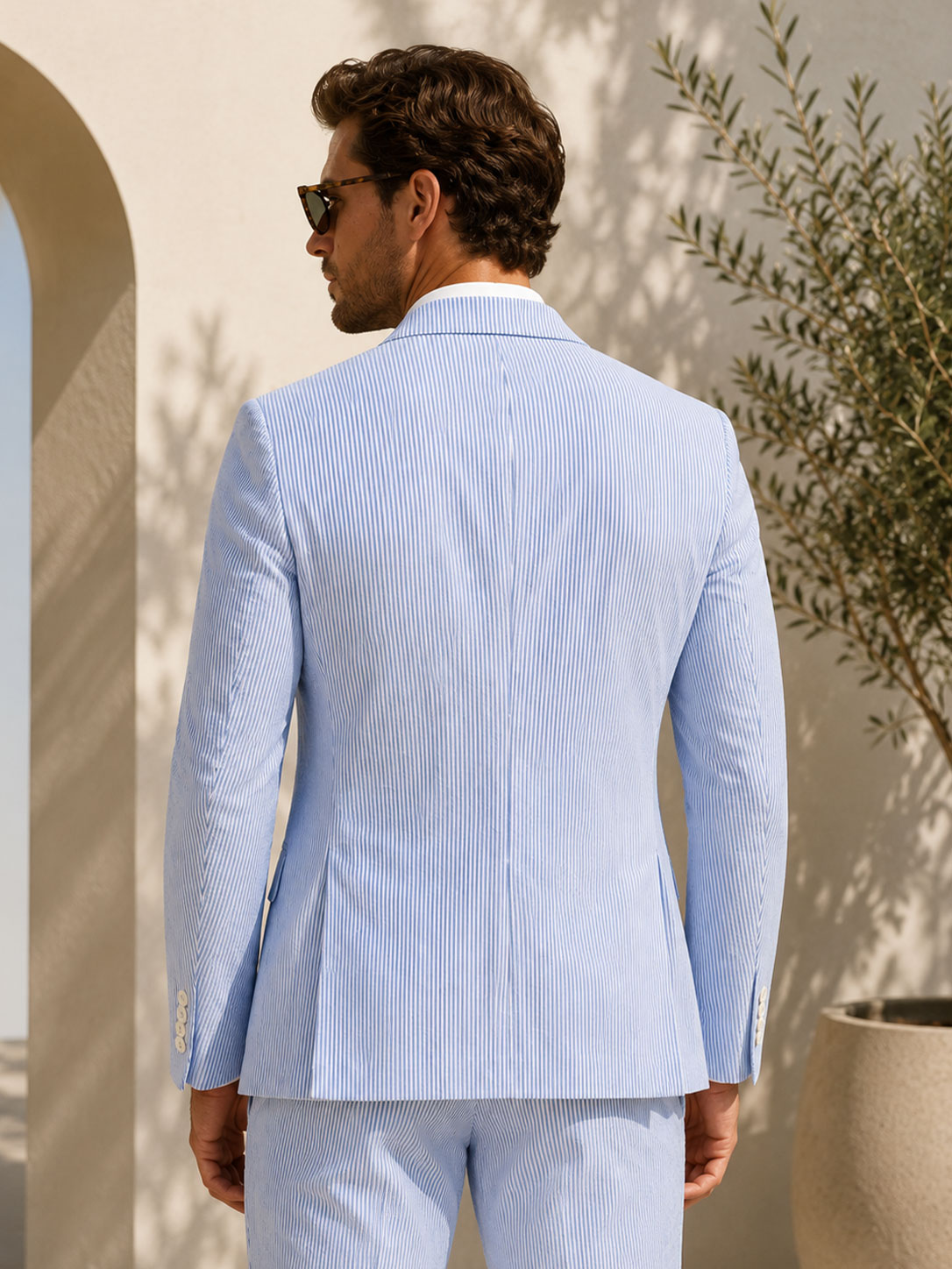 Veste Homme En Seersucker Rayé À Chic Coupe Classique Pour Mariage D'été