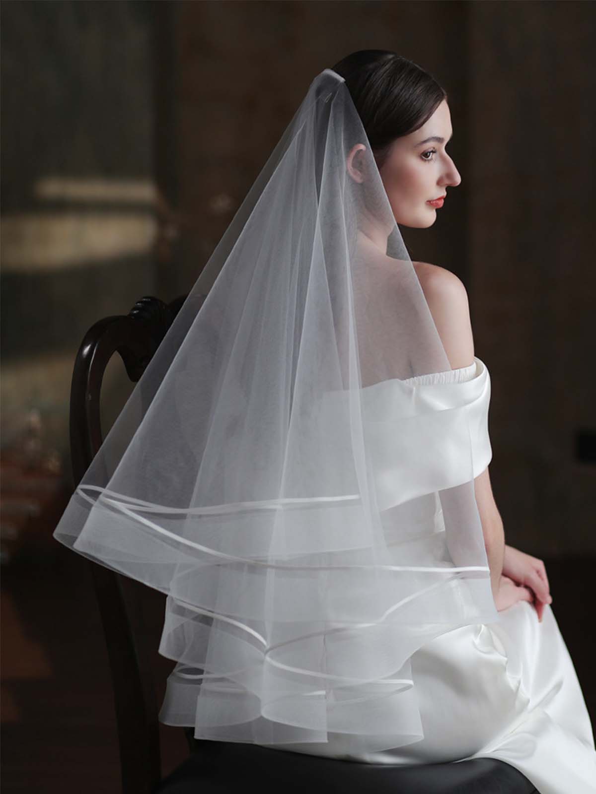 Voile De Mariée Blanc Élégant En Double Maille Extensible