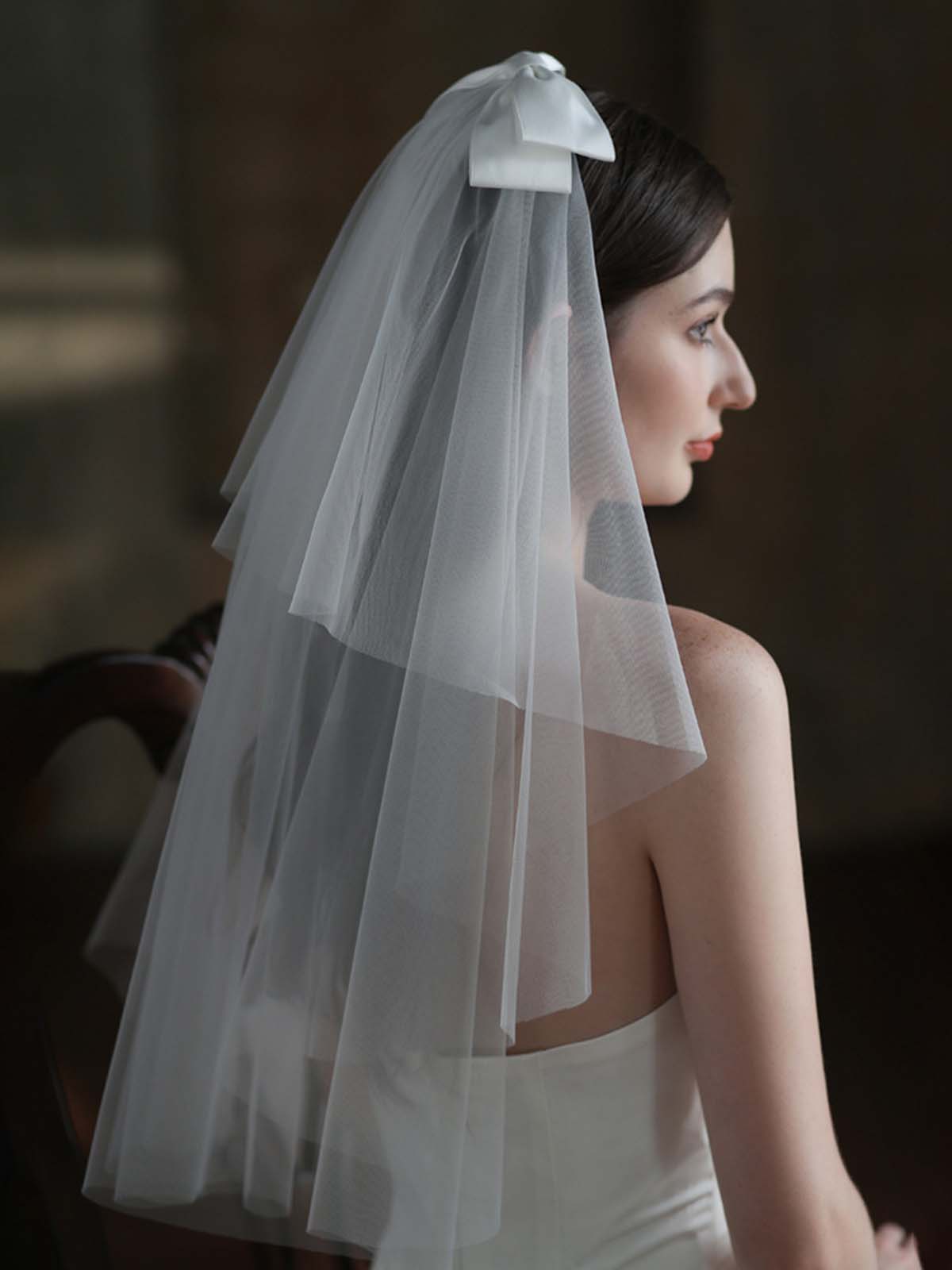 Voile De Mariée Joli En Tulle À Deux Niveaux Avec Nœud
