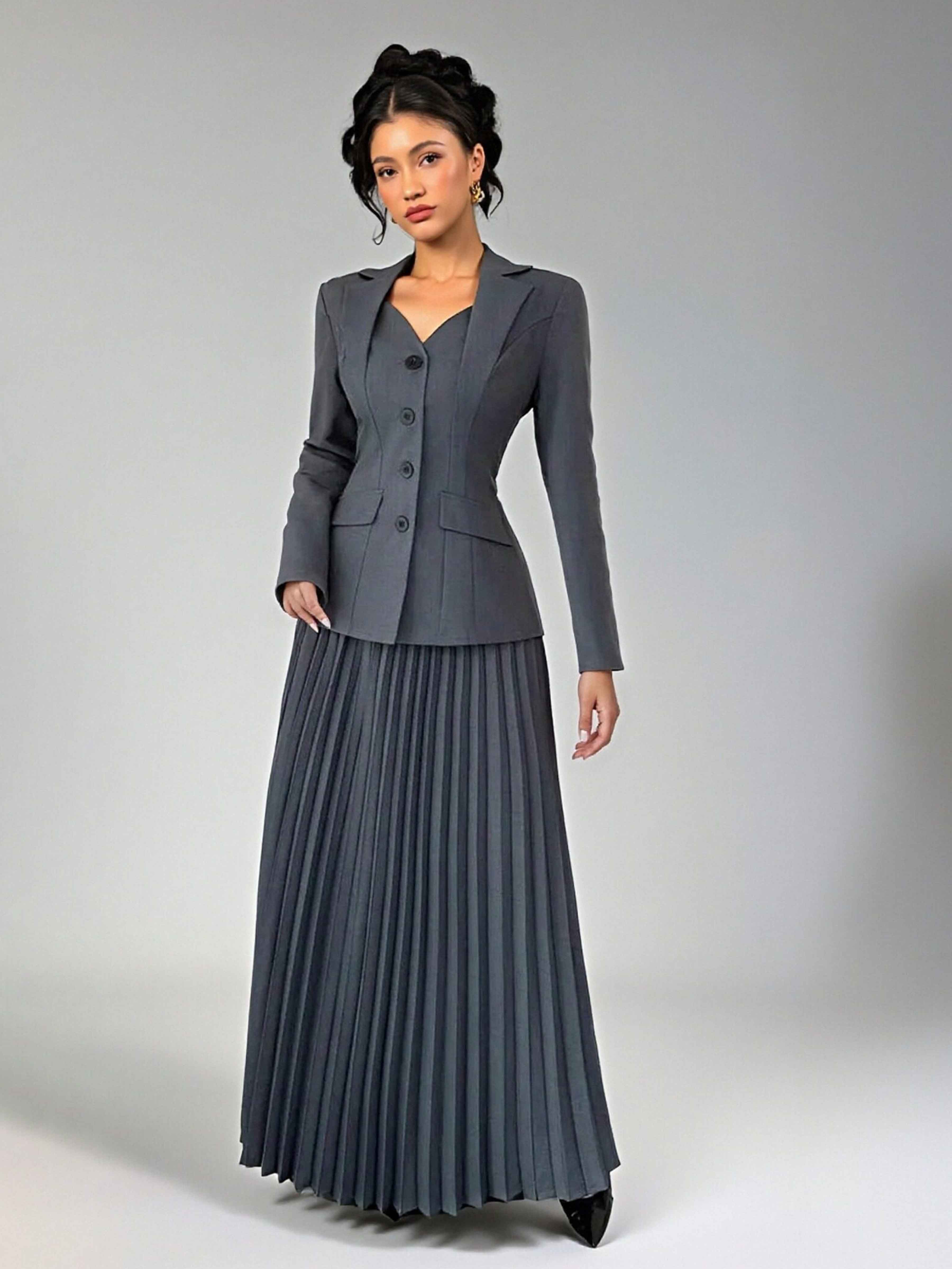 Costume Robe 2 Pièces À Coupe Ajustée Revers Crantés Quatre Boutons