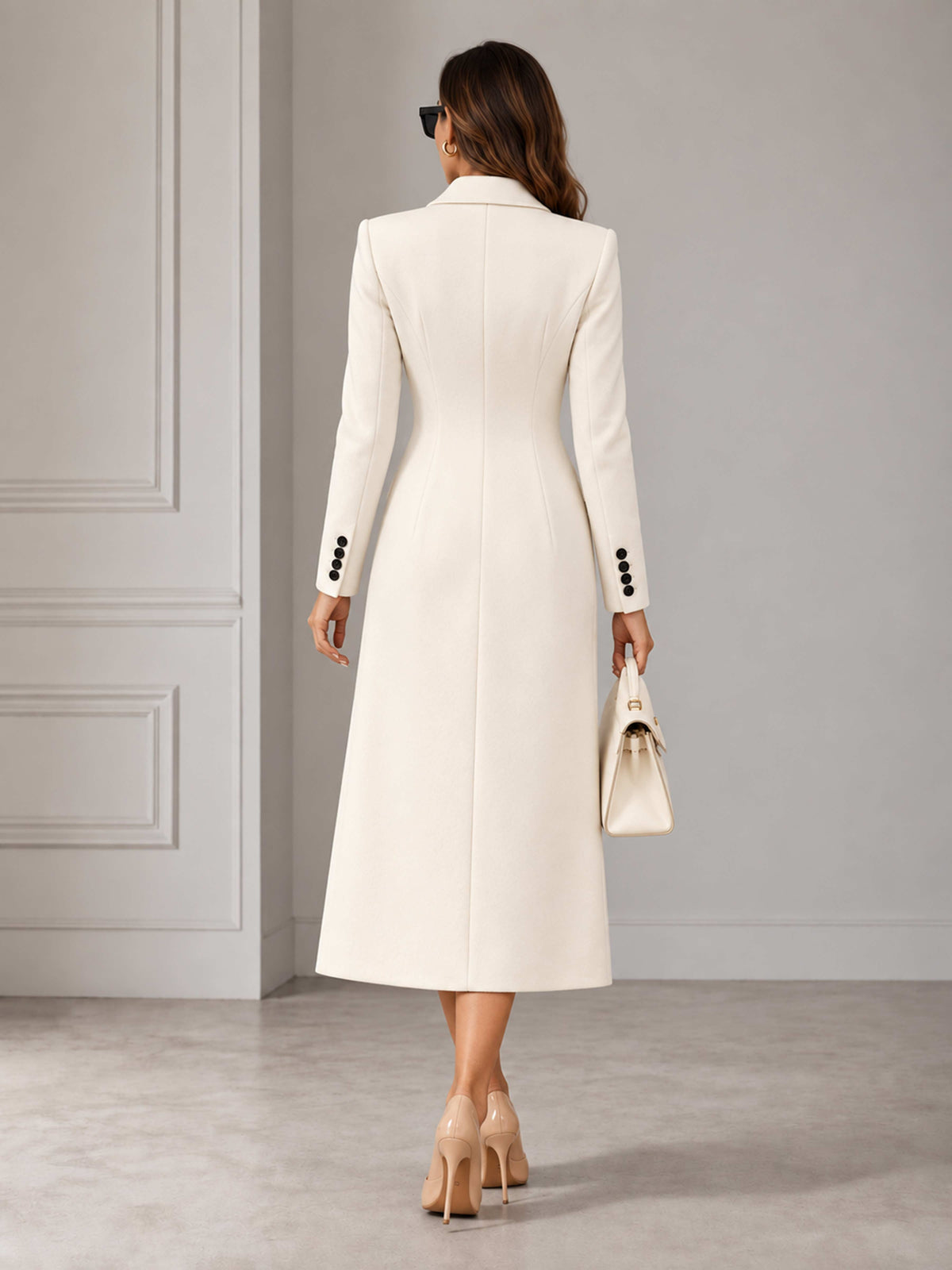 Veste Femme À Raffinée Double Boutonnage Coupe Cintrée Longue Pour Affaires