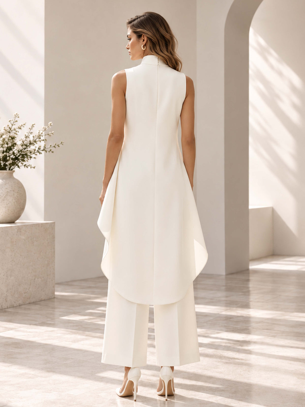 Ensemble Pantalon Femme 2 Pièces Avec Haut Asymétrique À Col Montant Et Pantalon Large