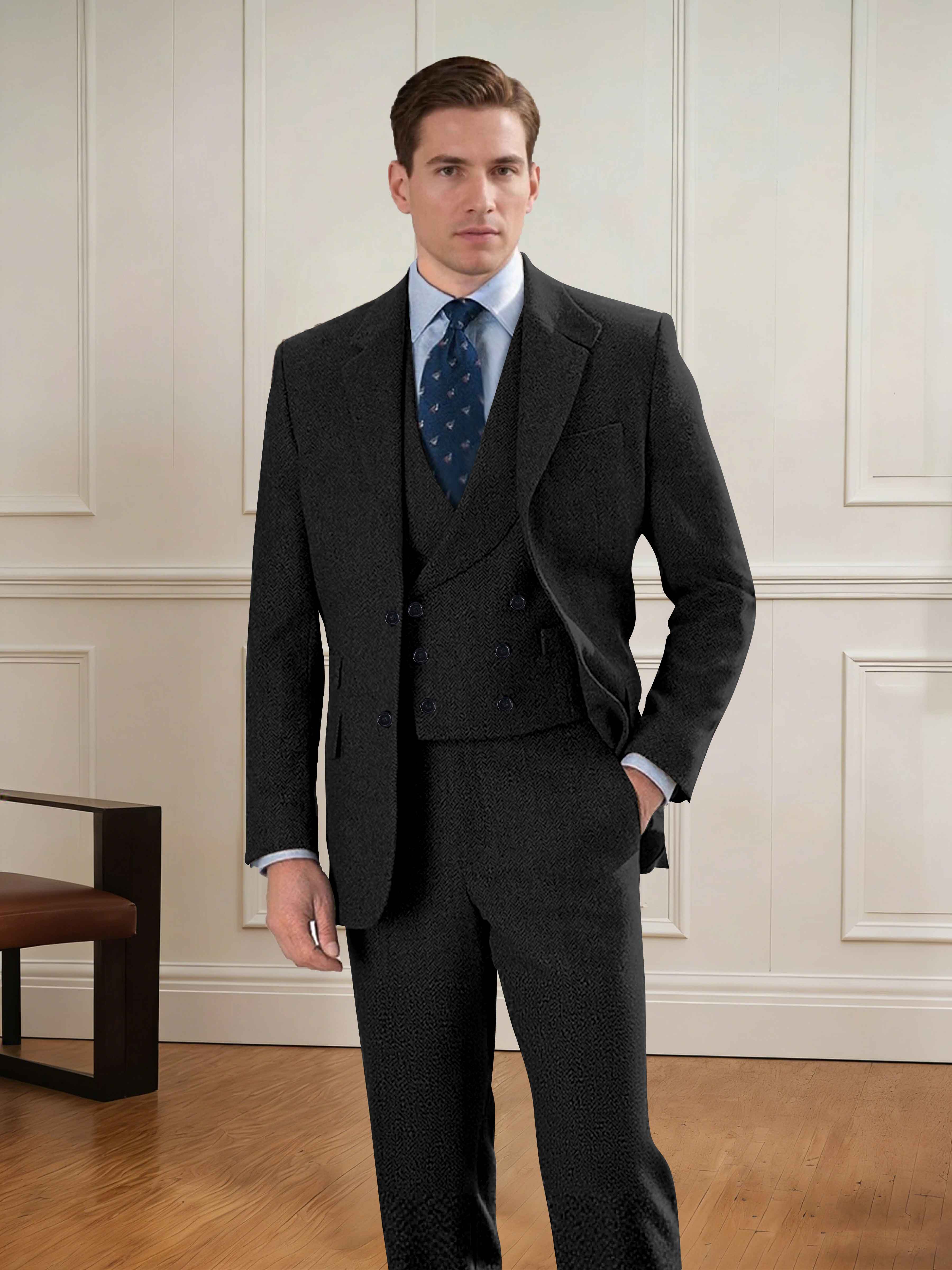 Costume Homme 3 Pièces En Chevrons À Revers Crantés Deux Boutons Pour Tenue De Soirée