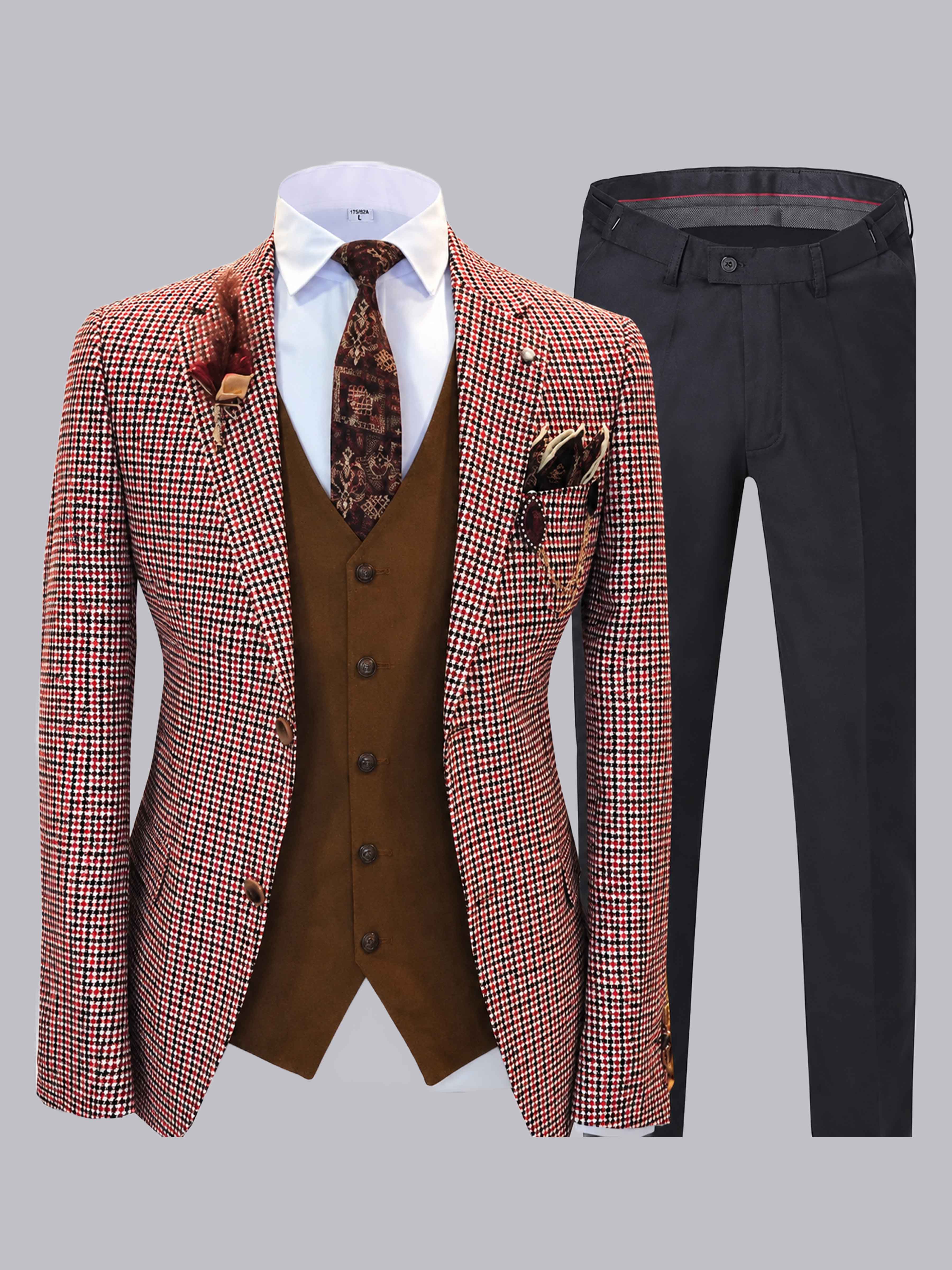 Costume Homme 3 Pièces À Motif Pied-De-Poule Revers Crantés Deux Boutons