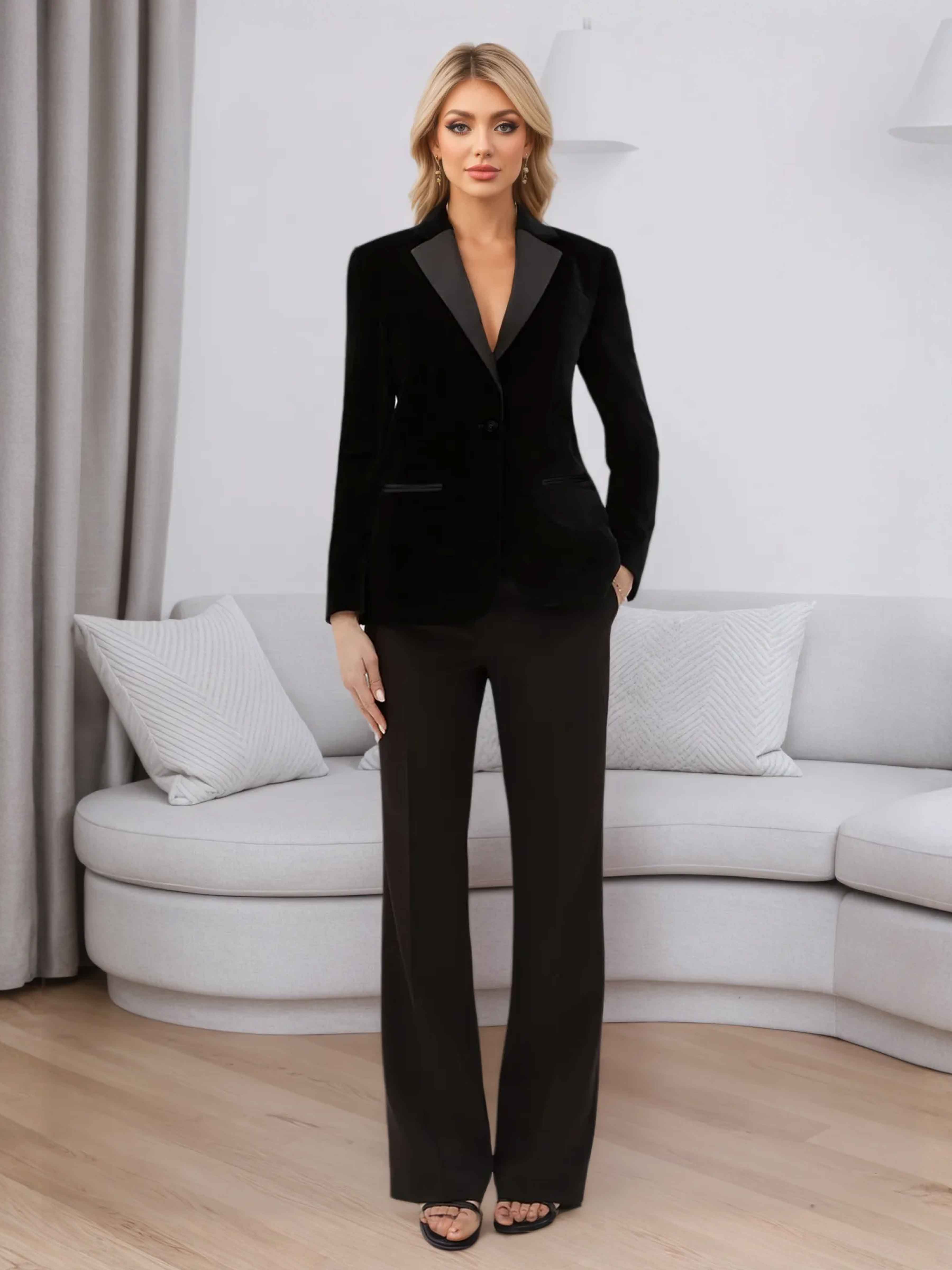 Costume Femme 2 Pièces En Velours À Élégante Revers Crantés Pour Décontracté