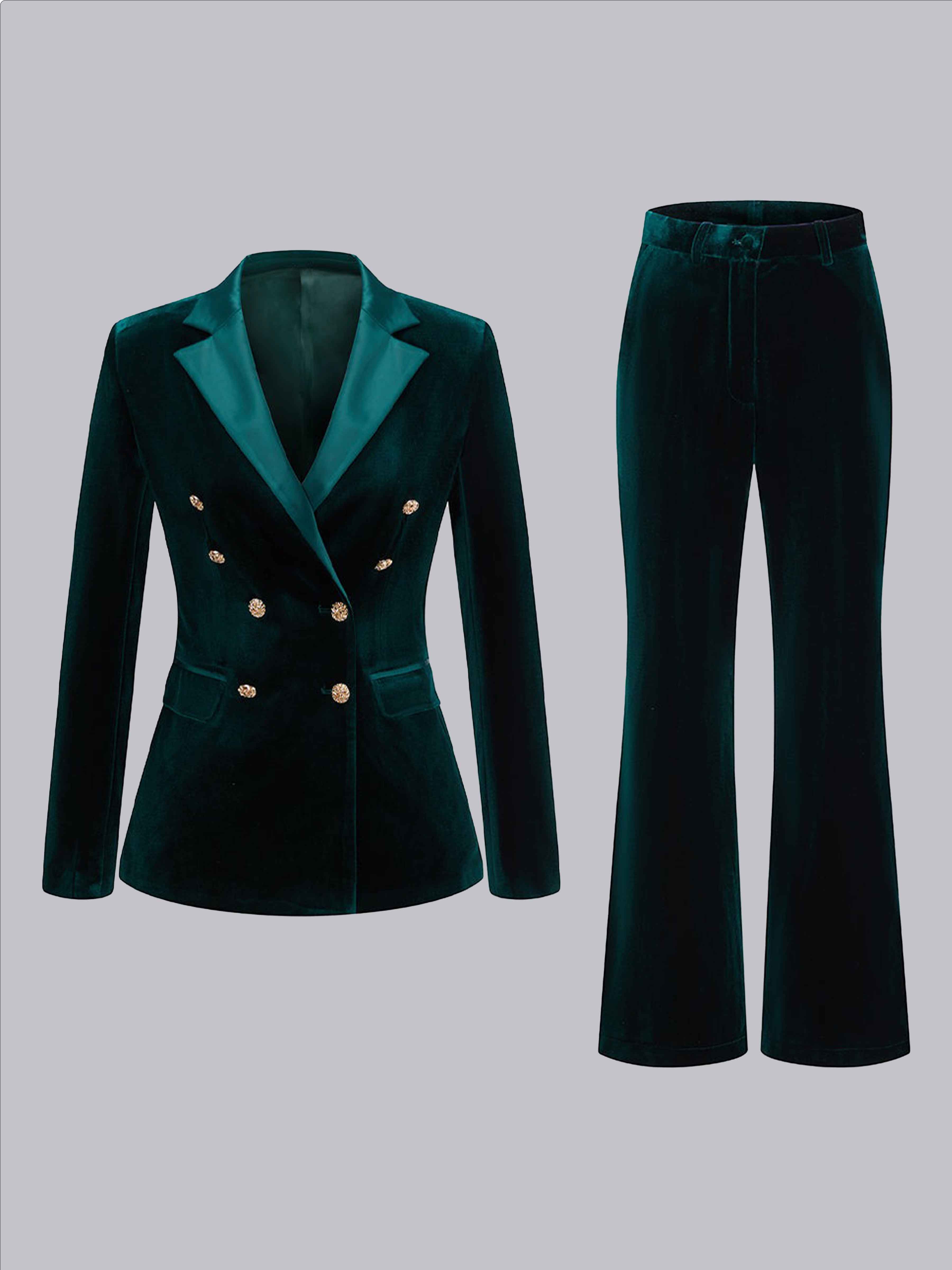 Costume Femme 2 Pièces En Velours À Coupe Ajustée Double Boutonnage