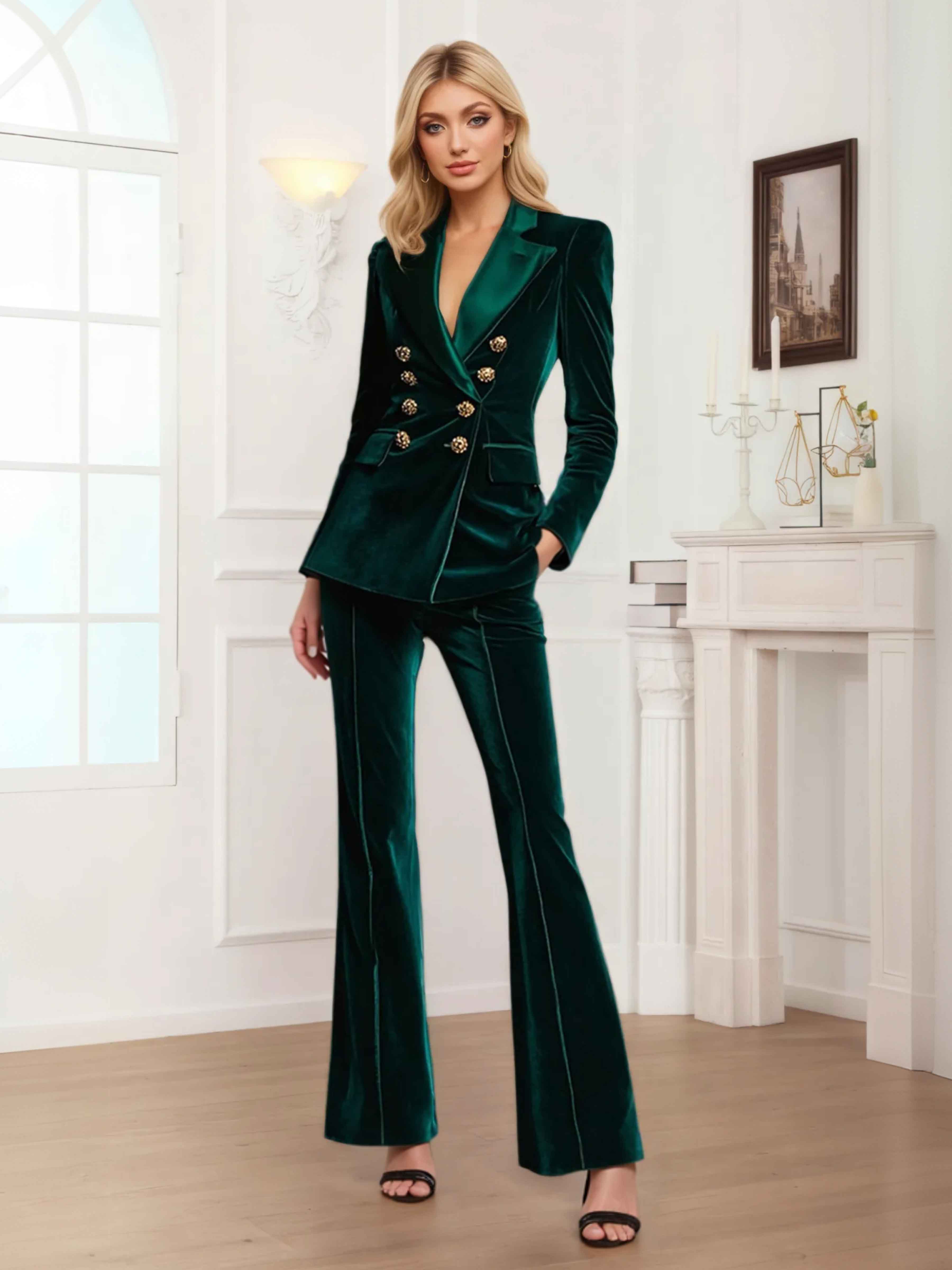 Costume Femme 2 Pièces En Velours À Double Boutonnage Pour Tenue De Soirée