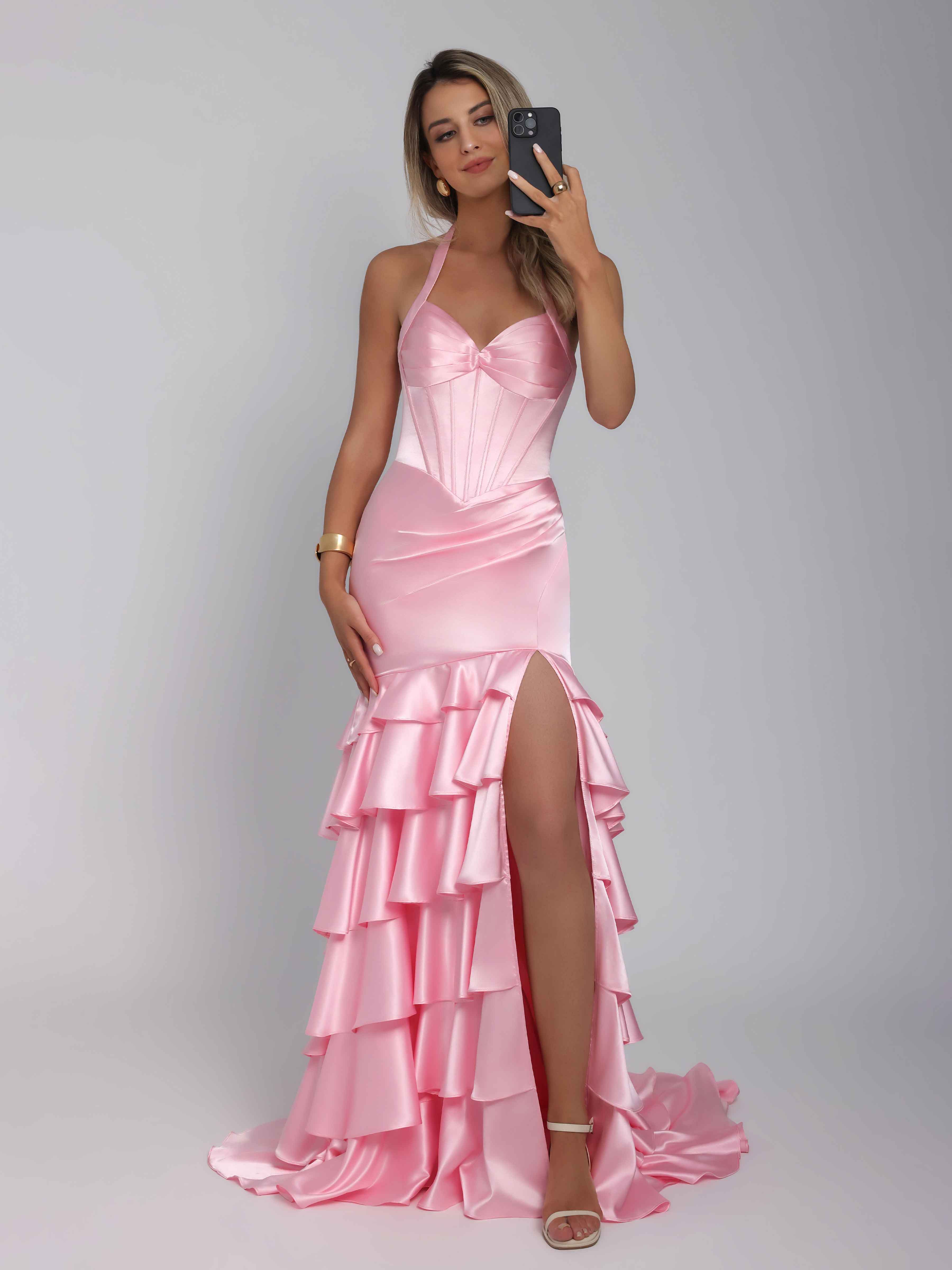 Robes De Soirée En Satin Sirène Licou Échelons De Traîne Kaelindra