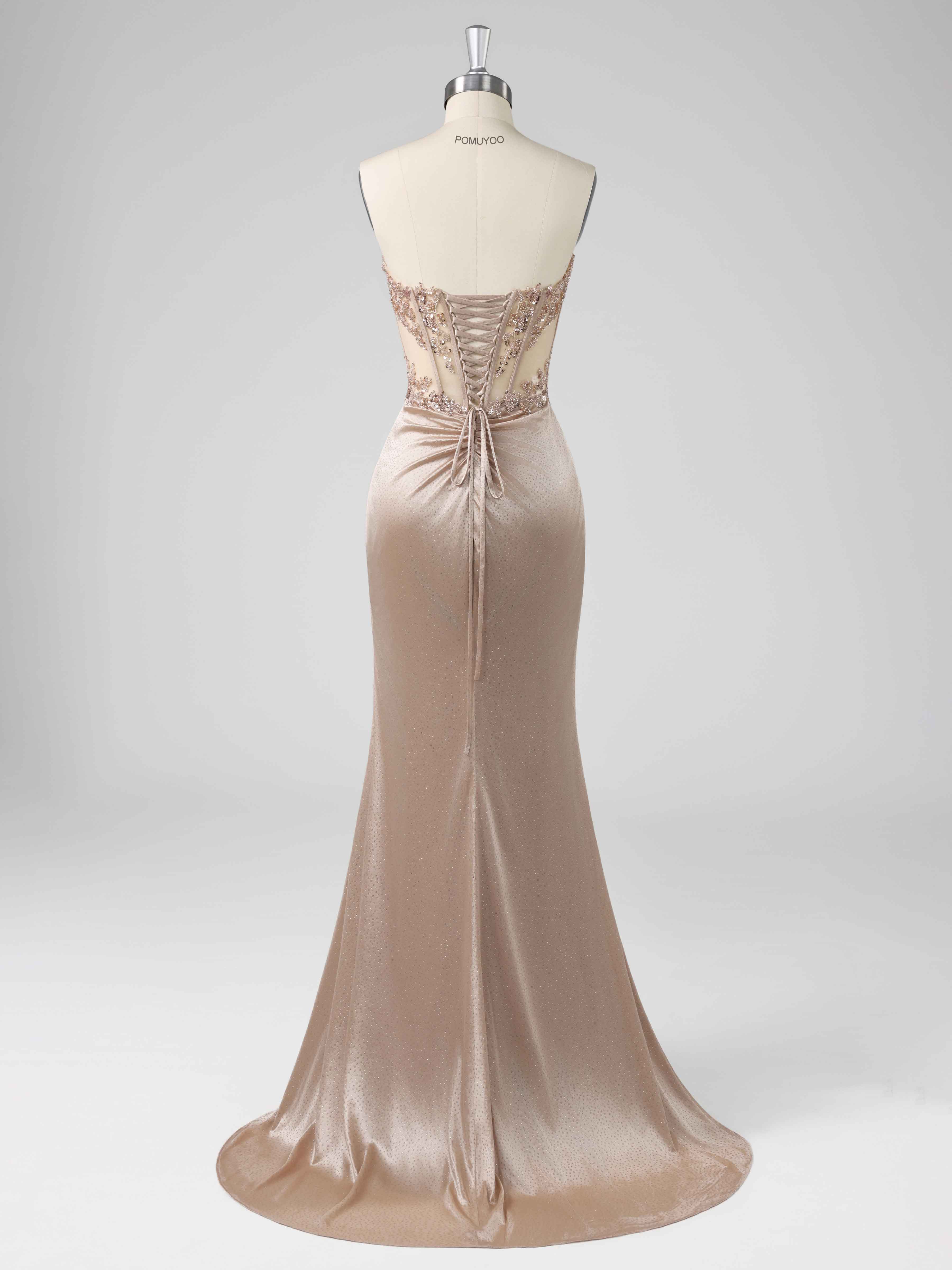 Robes De Soirée Sans Bretelles Gaine Perles Et Paillettes Fente Latérale Longue Praelindra