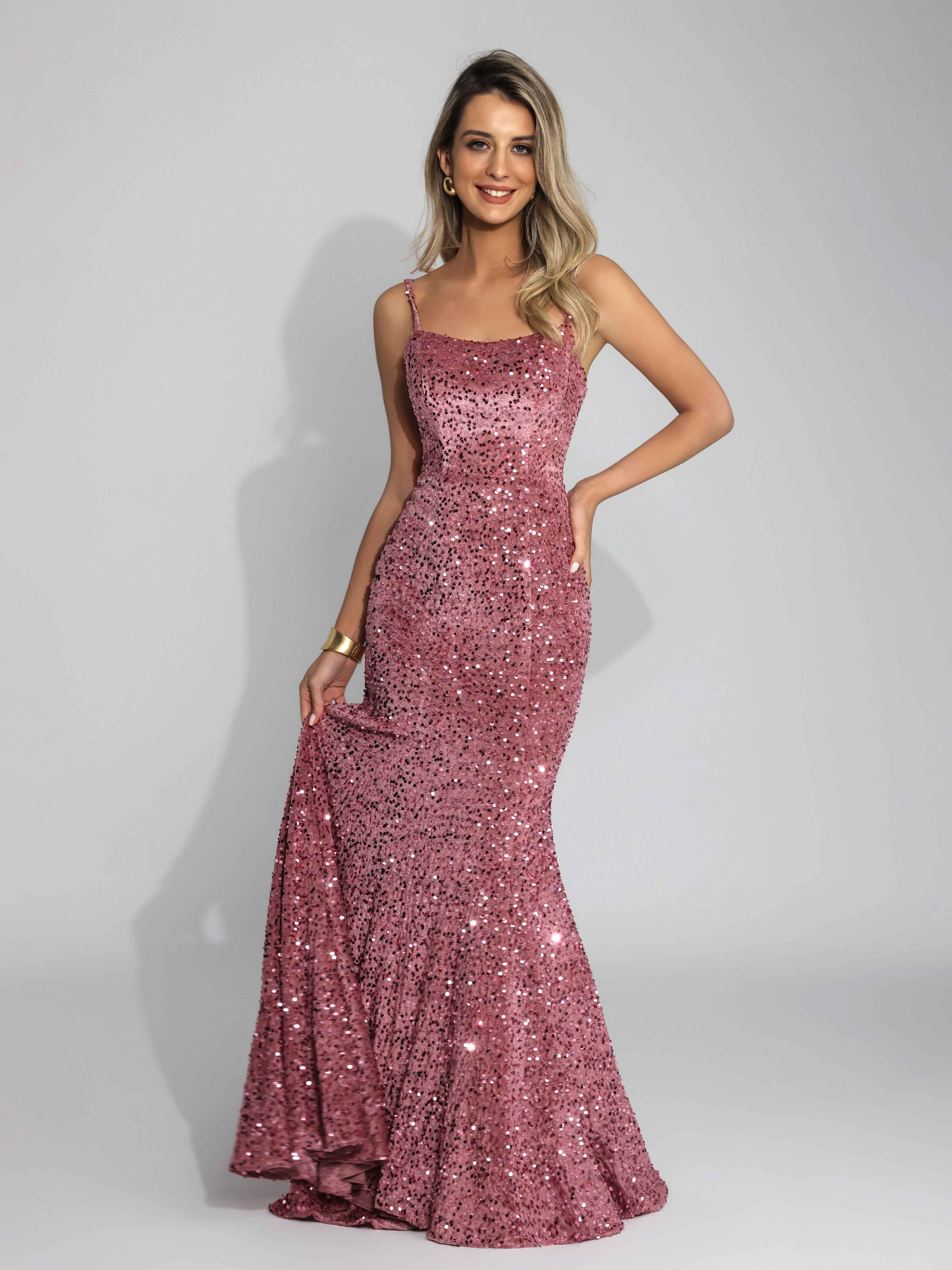 Robes De Soirée En Velours Bretelles Spaghetti Tendance Pailletées Longue Draelithia
