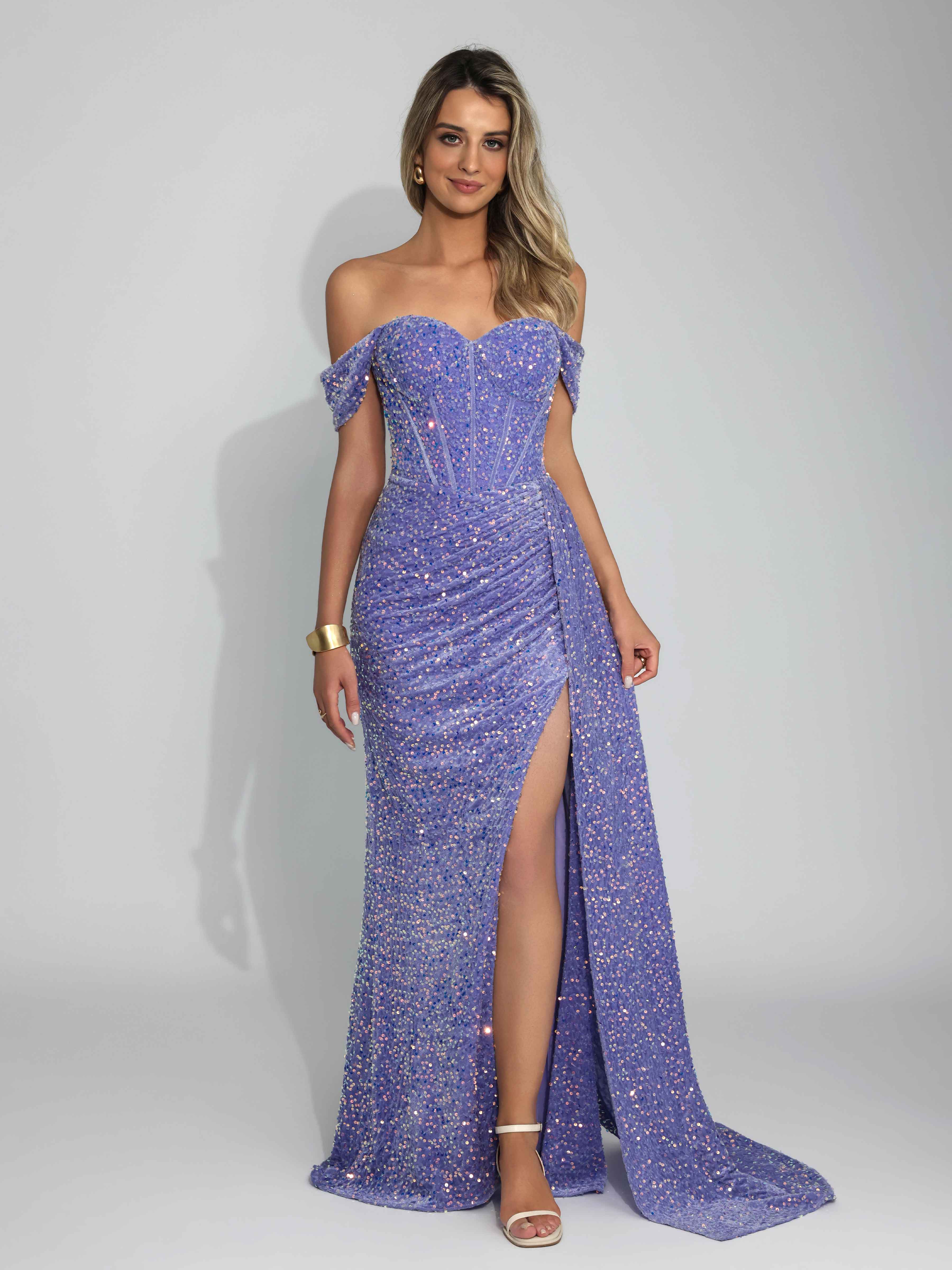 Robes De Soirée En Velours Col En Cœur Épaules Dénudées Plissé Pailleté Longue Iraelithia