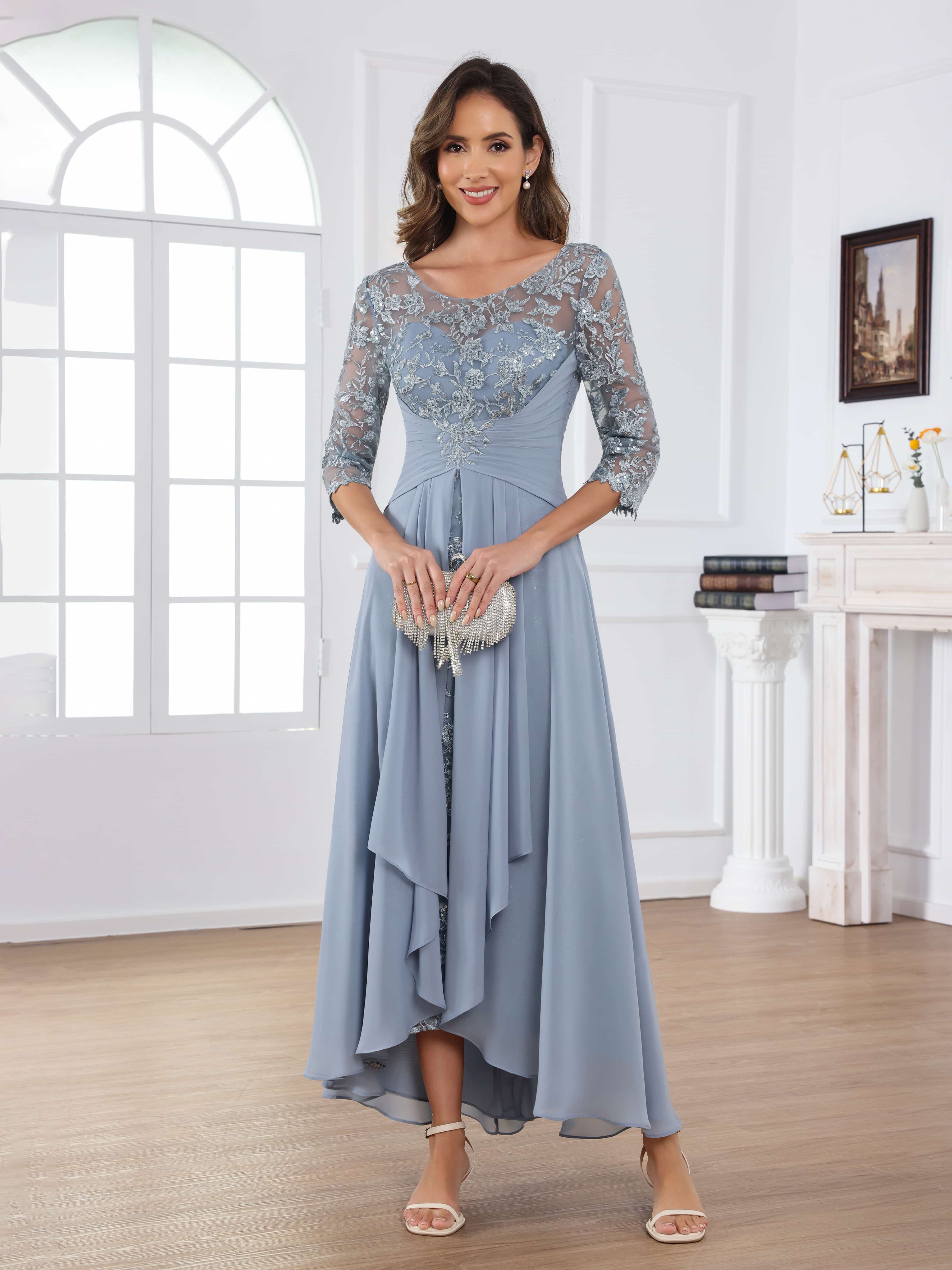 Robes Mère De La Mariée En Mousseline À A-ligne Illusion Appliqués Ruché Longue Praelithryn