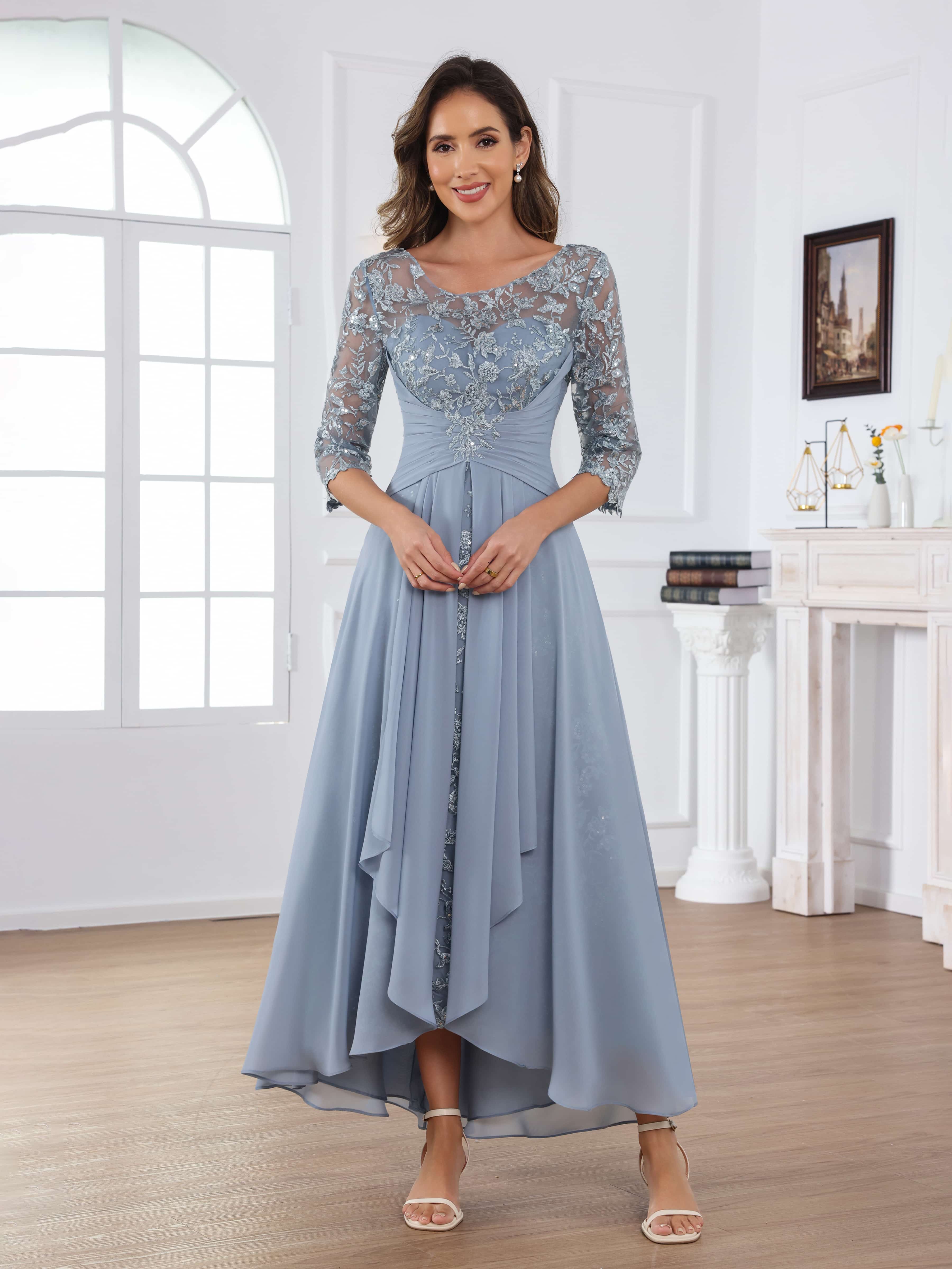 Robes Mère De La Mariée En Mousseline À A-ligne Illusion Appliqués Ruché Longue Praelithryn