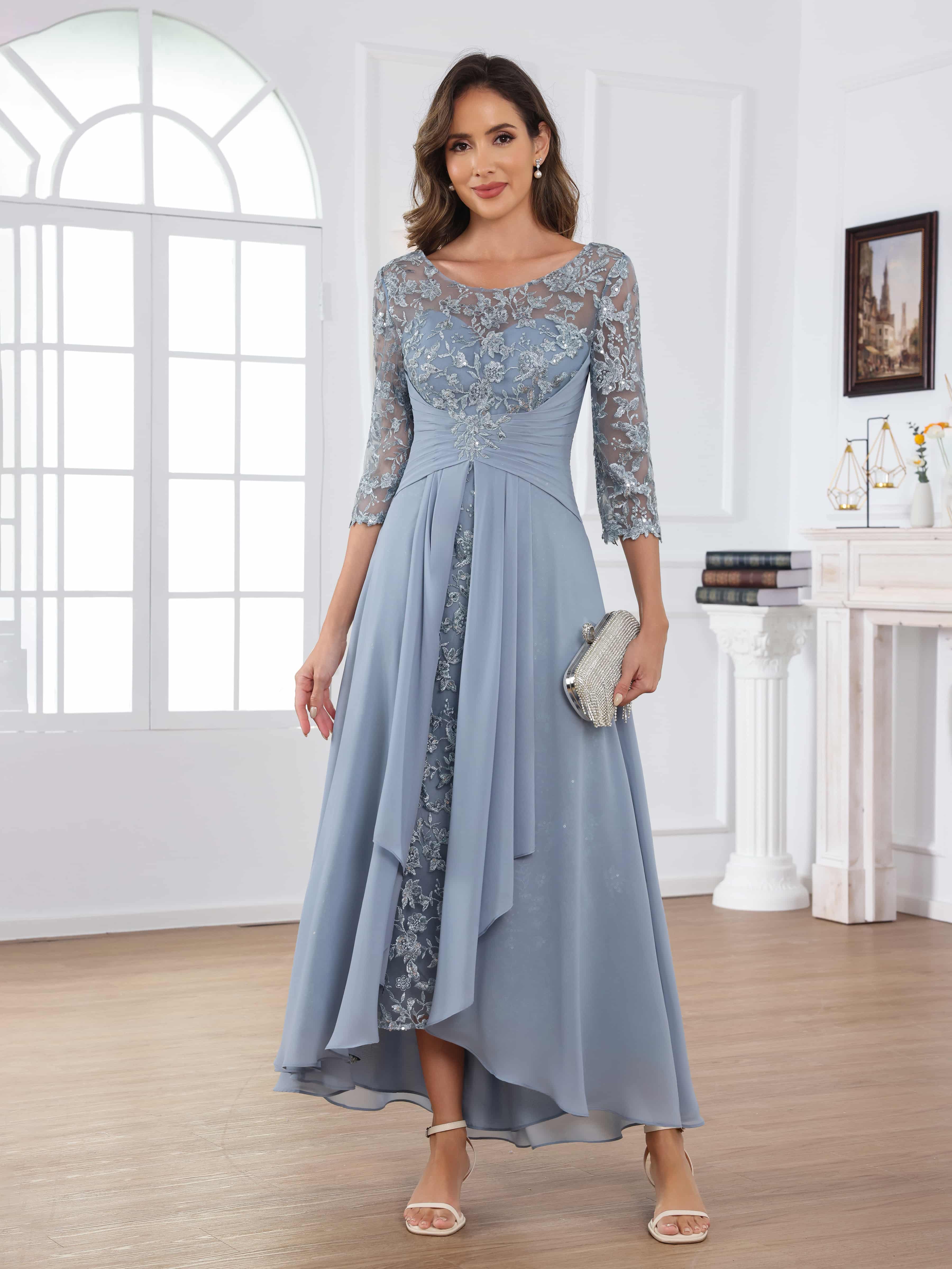 Robes Mère De La Mariée En Mousseline À A-ligne Illusion Appliqués Ruché Longue Praelithryn