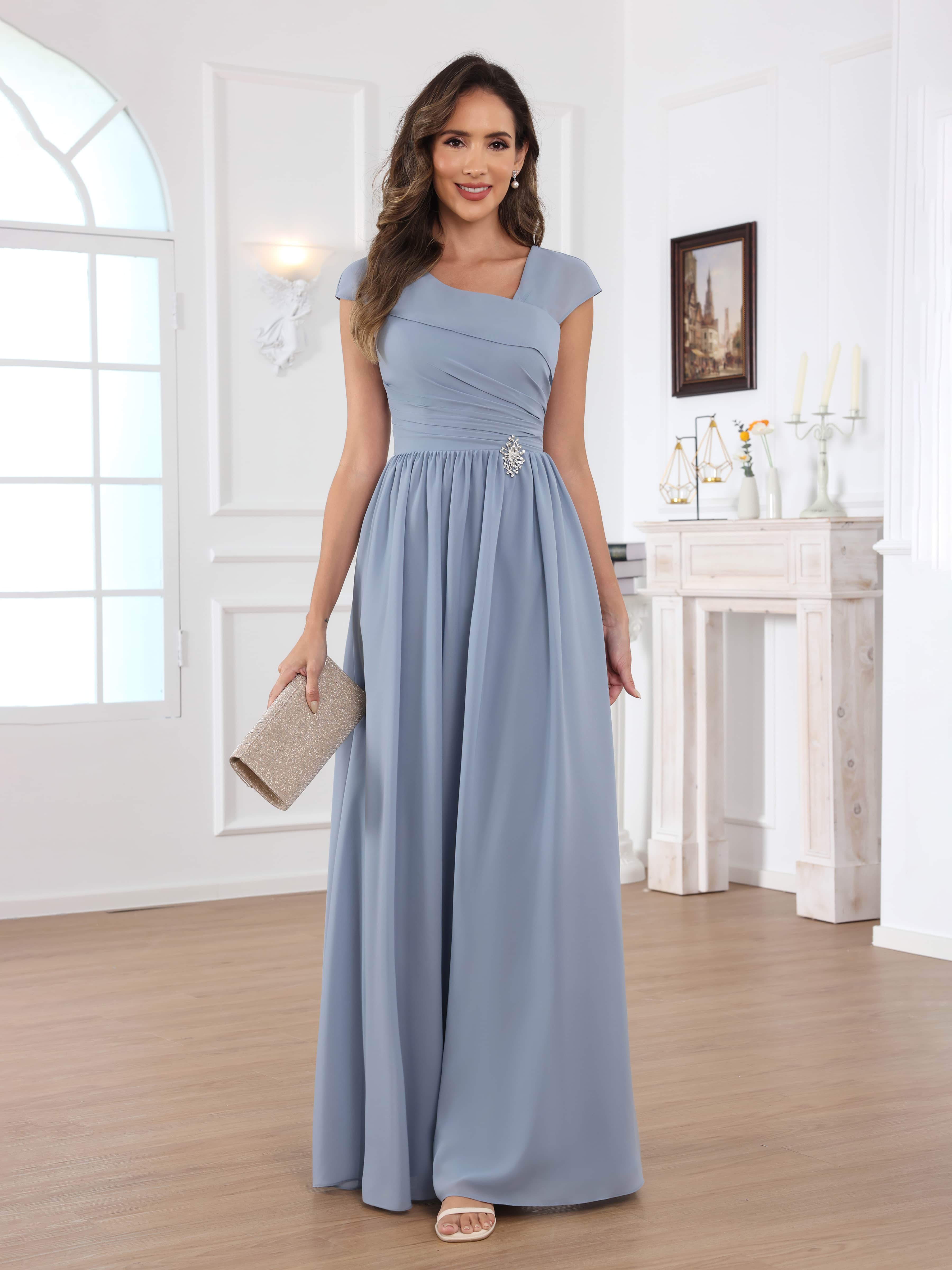 Robes Mère De La Mariée En Mousseline À A-ligne Col V Perles Floor Length Qaelithryn