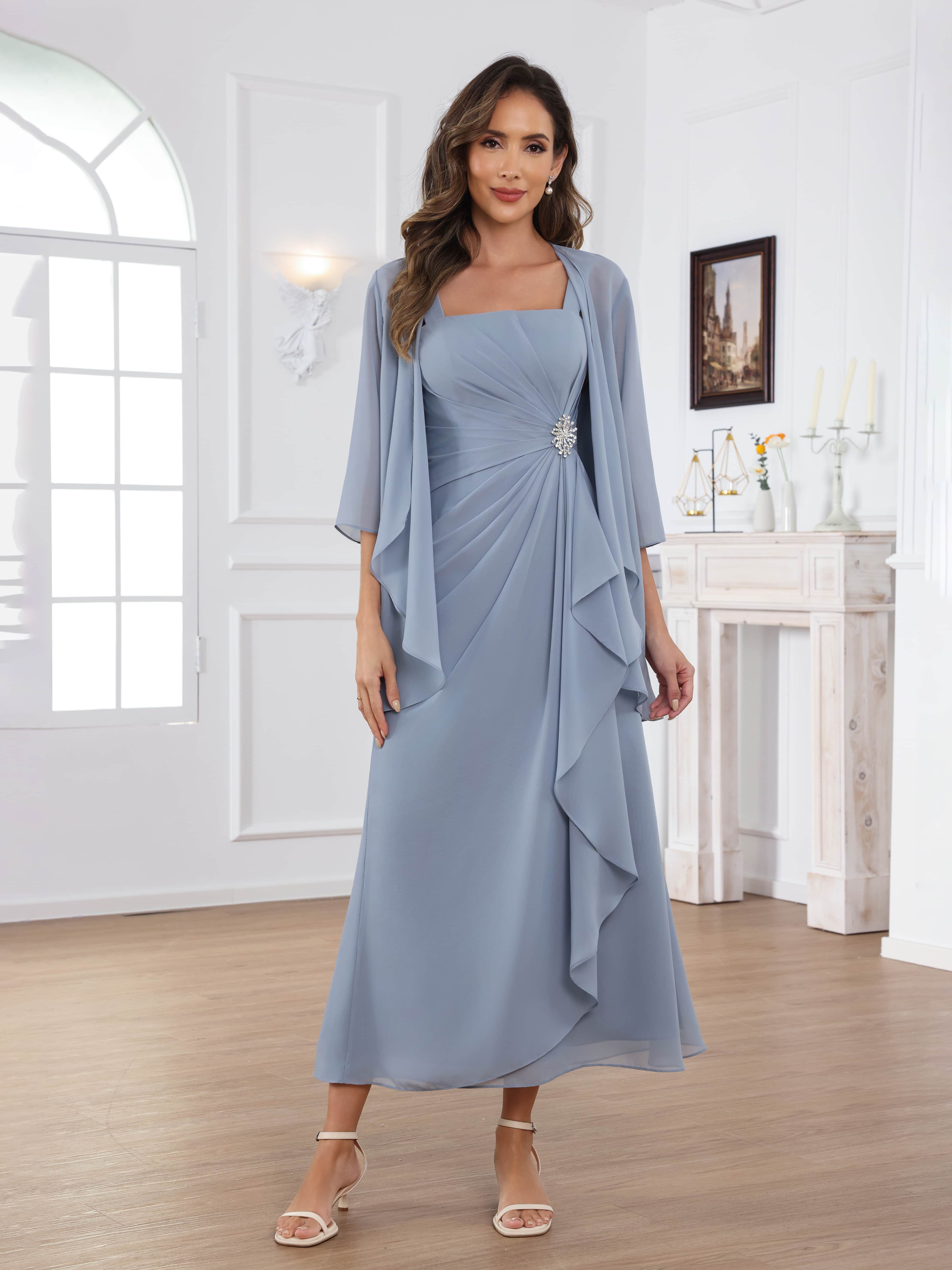 Robes Mère De La Mariée En Mousseline À Gracieuse A-ligne Carré Perles Ruché 2 pièces Midi Raelithryn
