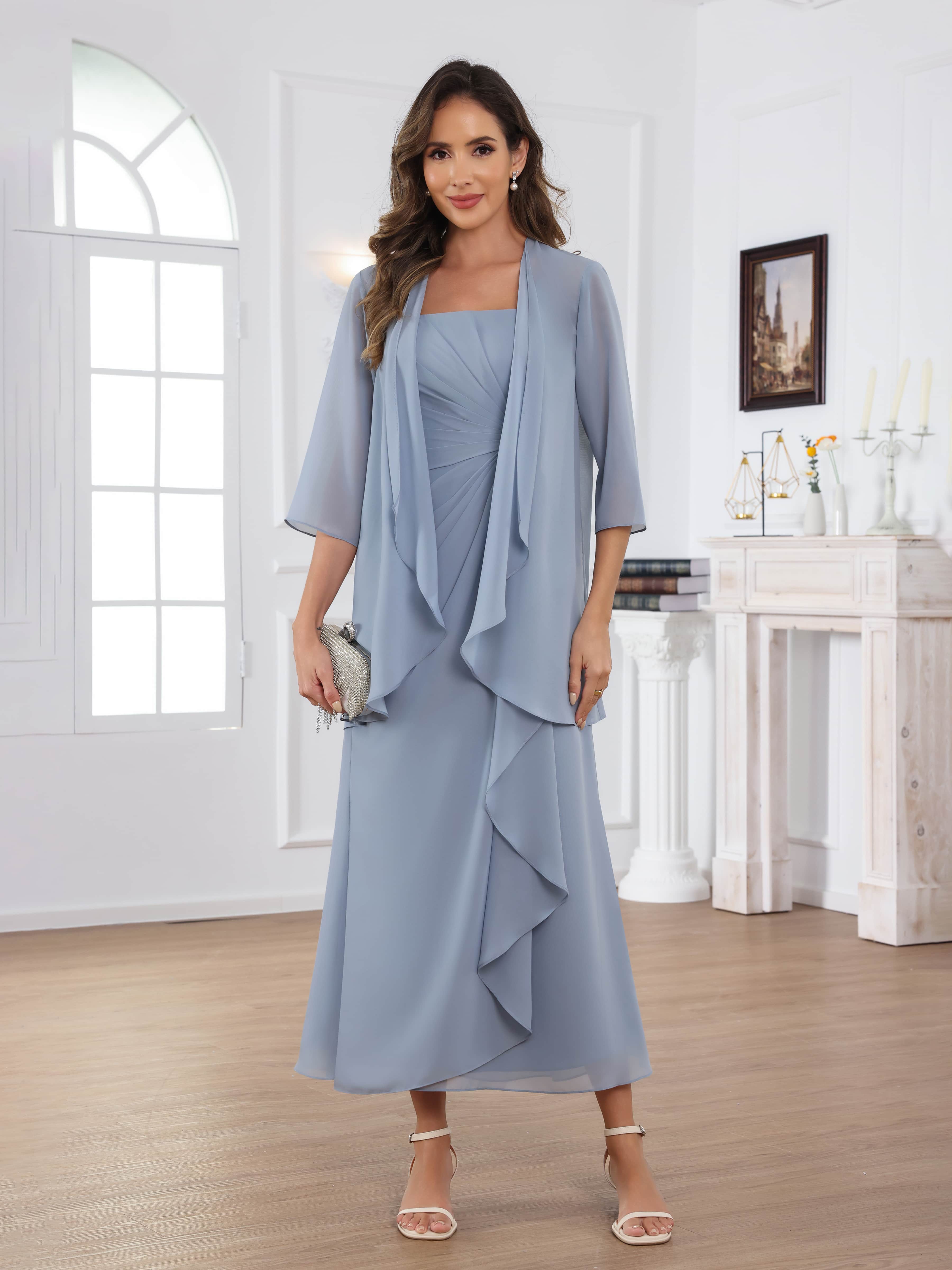 Robes Mère De La Mariée En Mousseline À Gracieuse A-ligne Carré Perles Ruché 2 pièces Midi Raelithryn