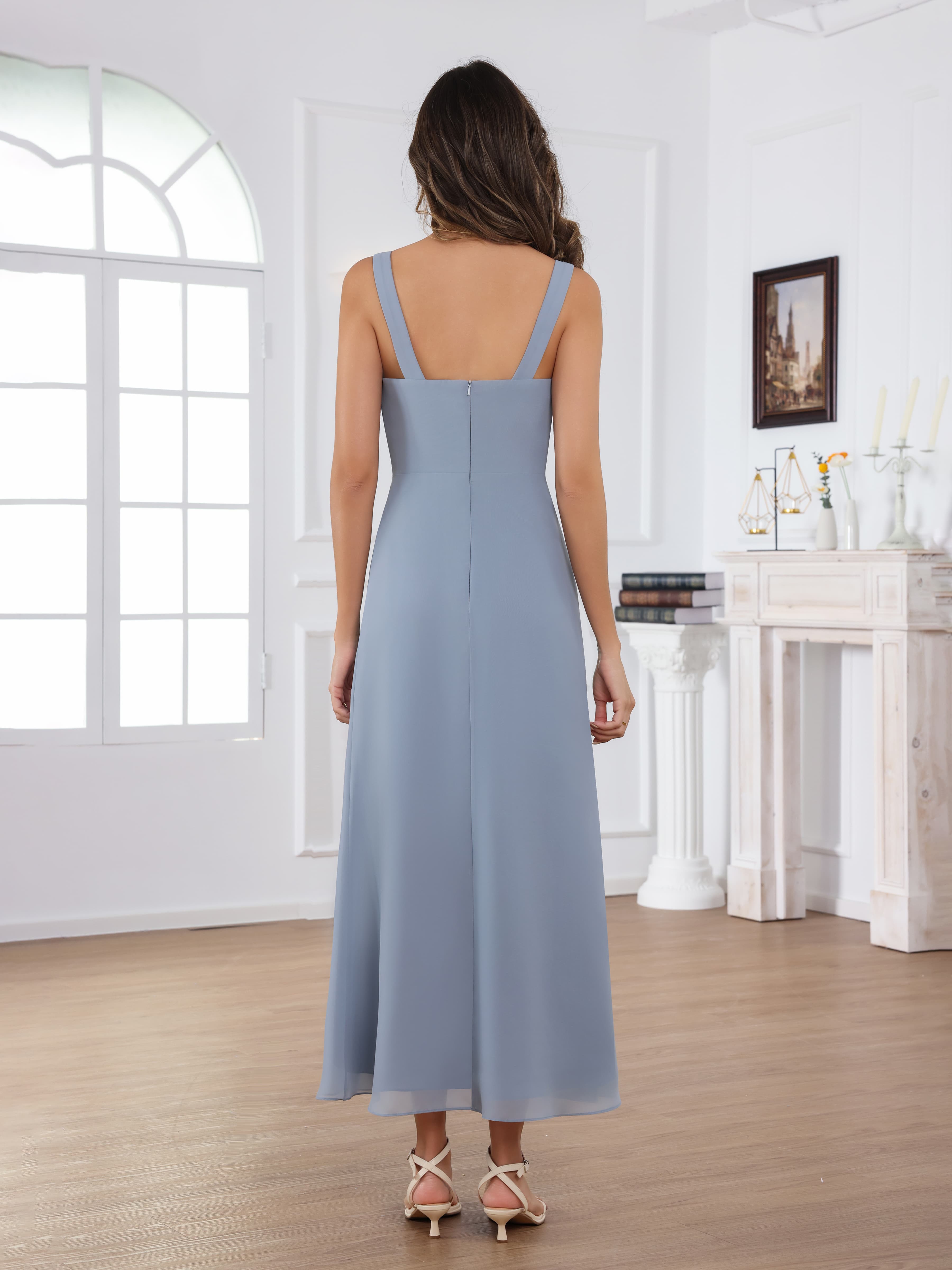 Robes Mère De La Mariée En Mousseline À Gracieuse A-ligne Carré Perles Ruché 2 pièces Midi Raelithryn
