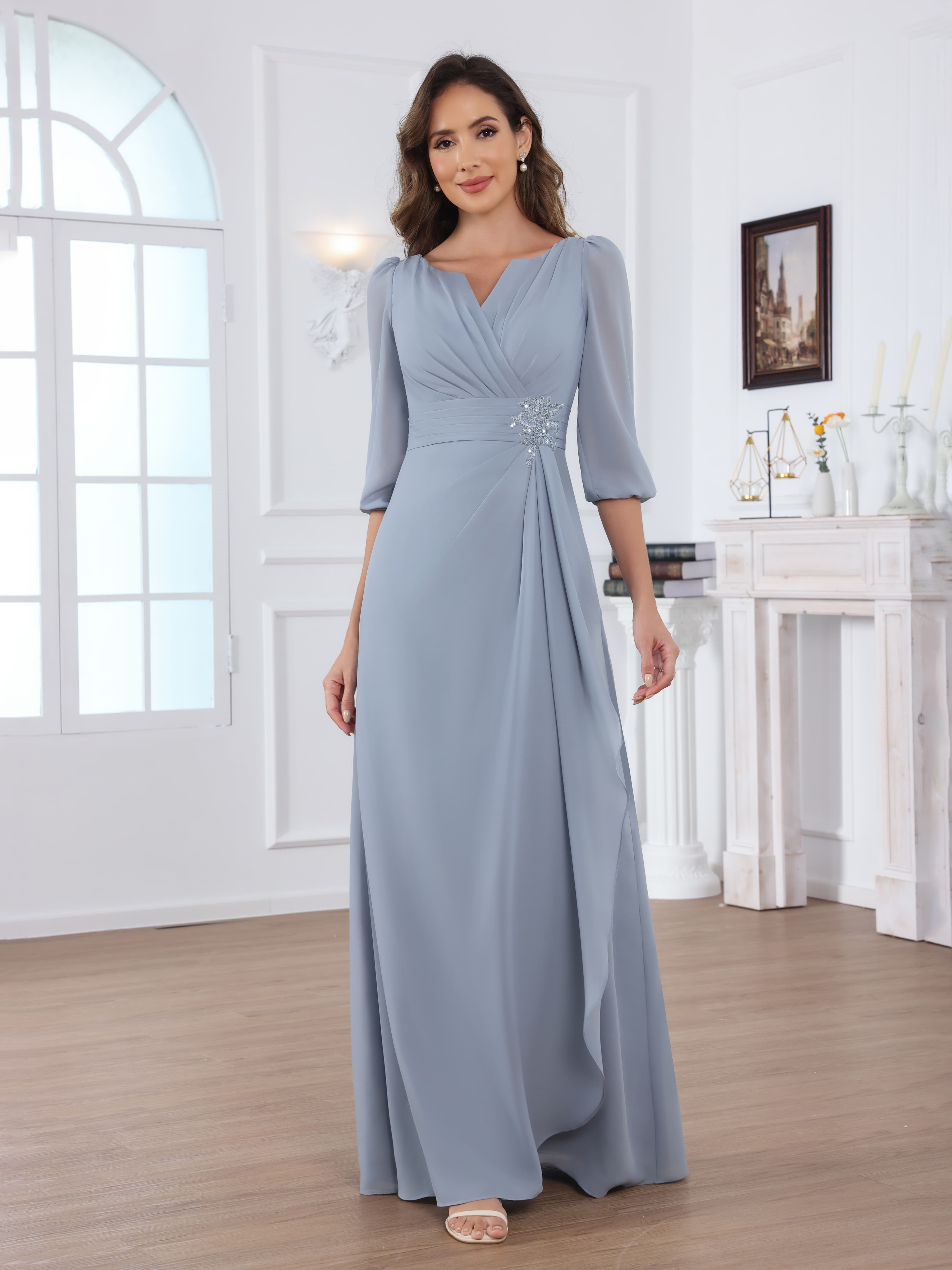 Robes Mère De La Mariée En Mousseline À V Neck Demi Manches Appliqués Ruché Longue Saelithryn