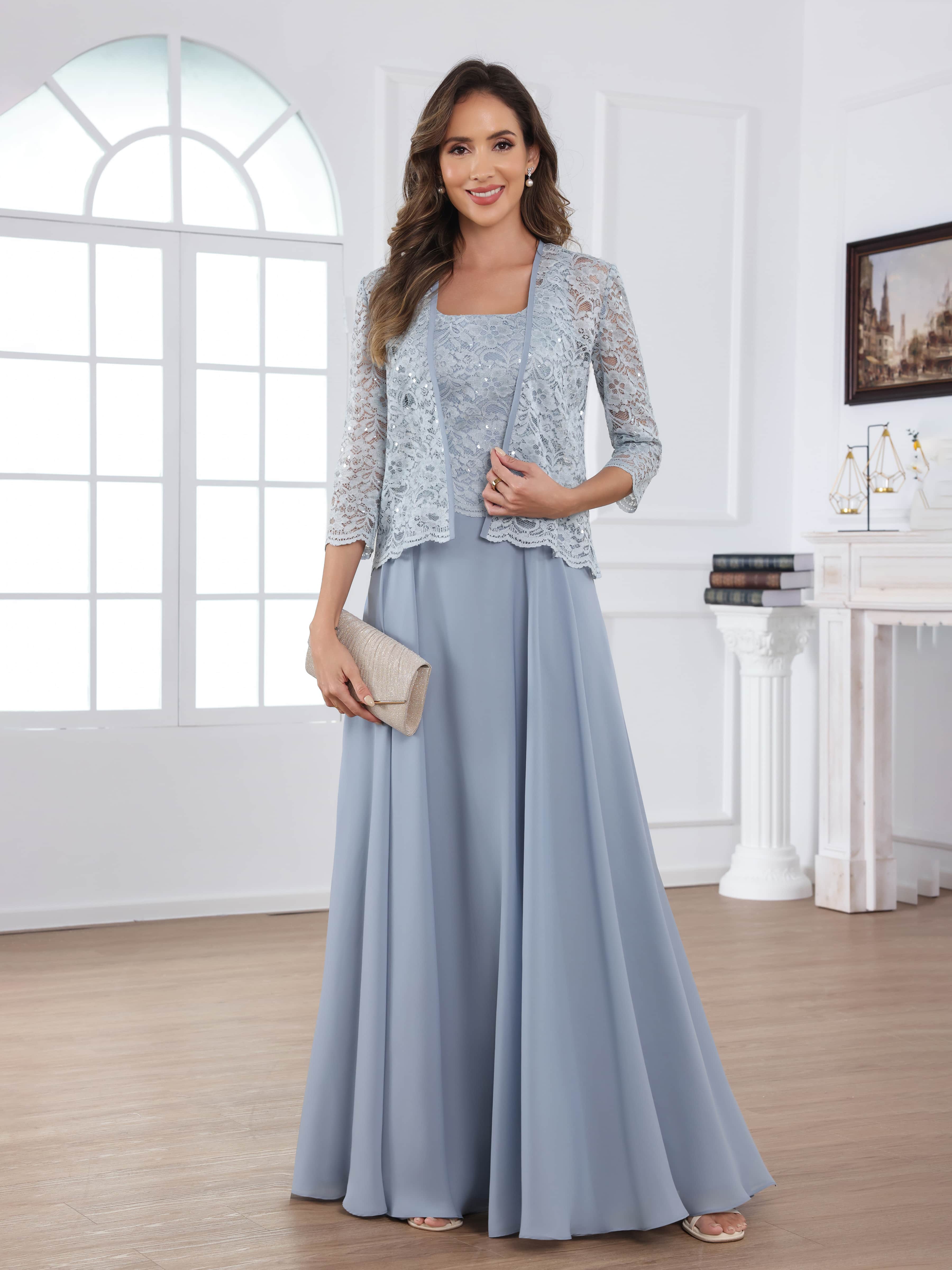 Robes Mère De La Mariée En Mousseline À A-ligne 2 pièces Appliqués Longueur Au Sol Traelithryn