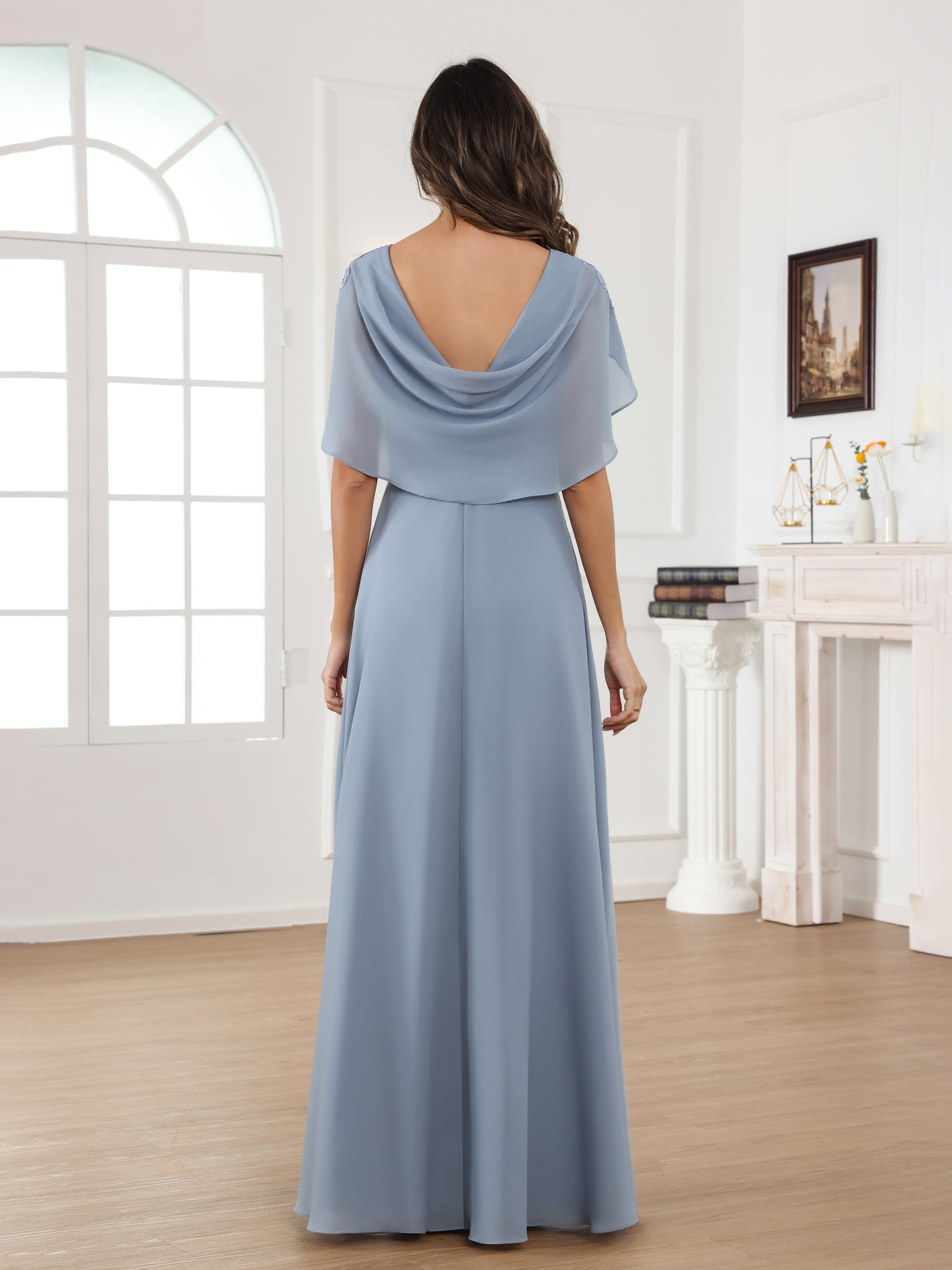 Robes Mère De La Mariée En Mousseline À Cape Illusion Appliqués Plissé Longue Aelithara