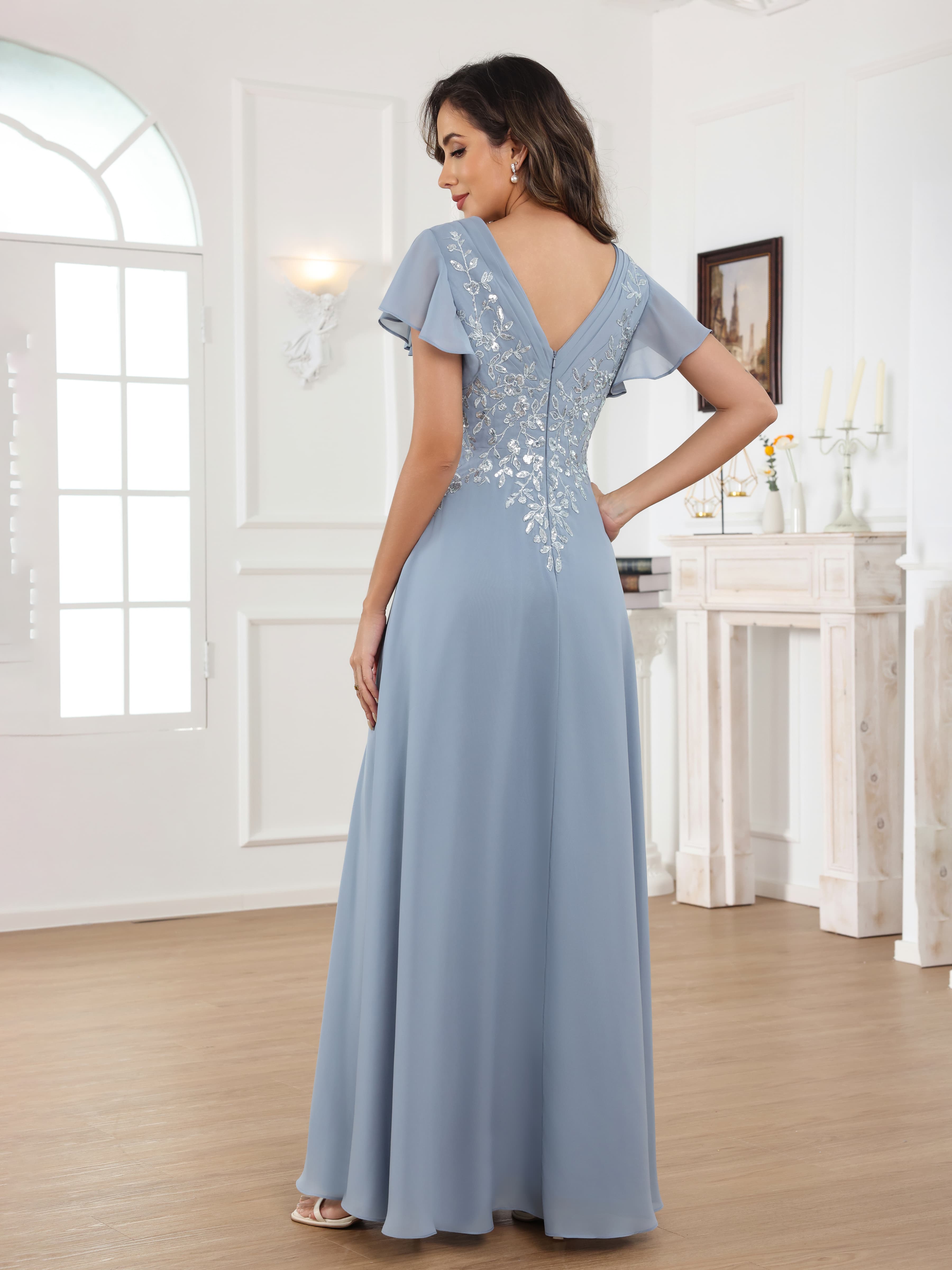 Robes Mère De La Mariée En Dentelle À Chic A-ligne Manches Courtes Ruché Paillettes Longue Fraelithara