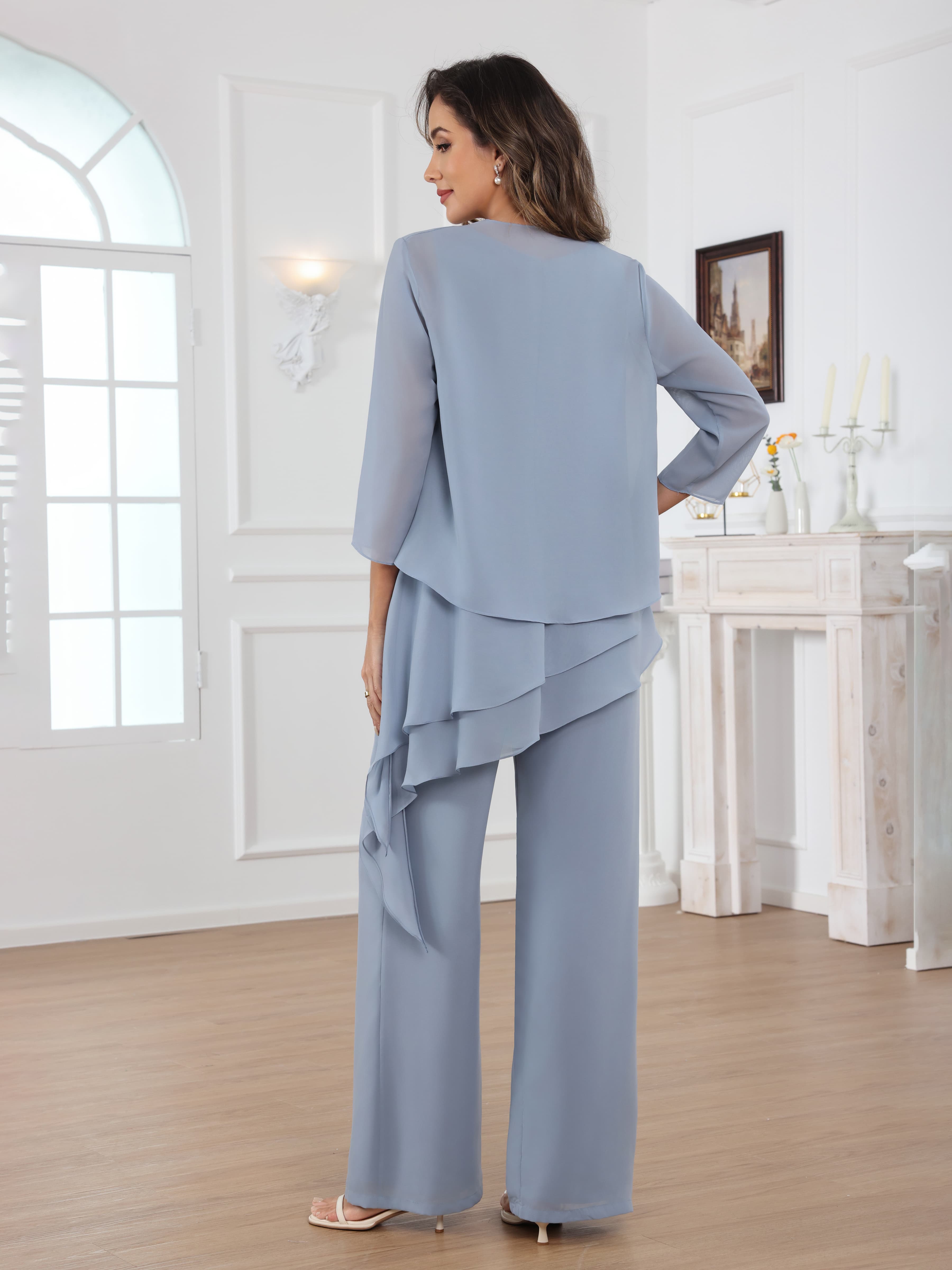 Ensemble Pantalon Mère De La Mariée En Mousseline À 3 pièces Col Rond Avec Veste Mraelithara