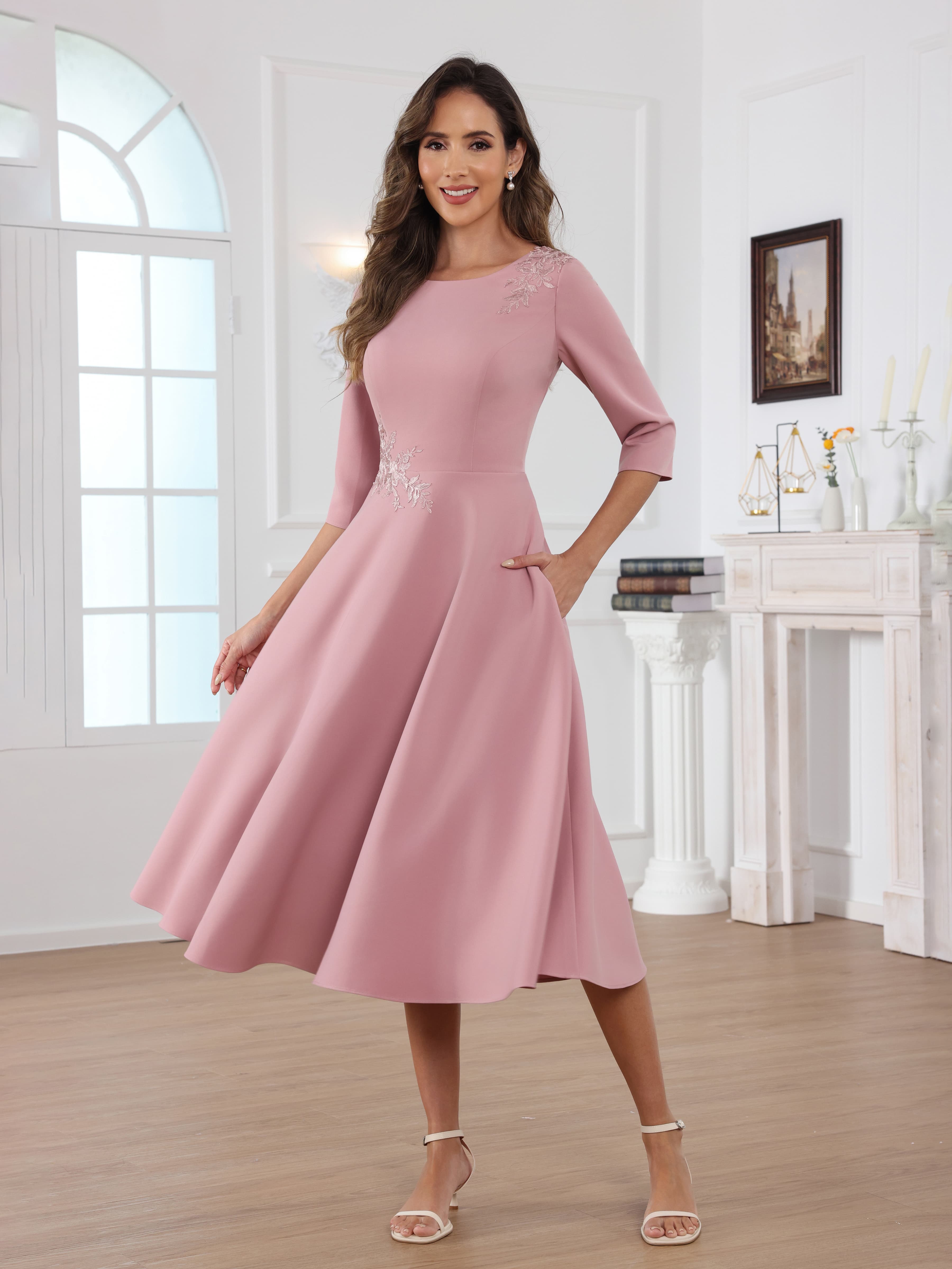 Robes Mère De La Mariée En Satin À Gracieuse Col Rond Longueur Thé Naelithara