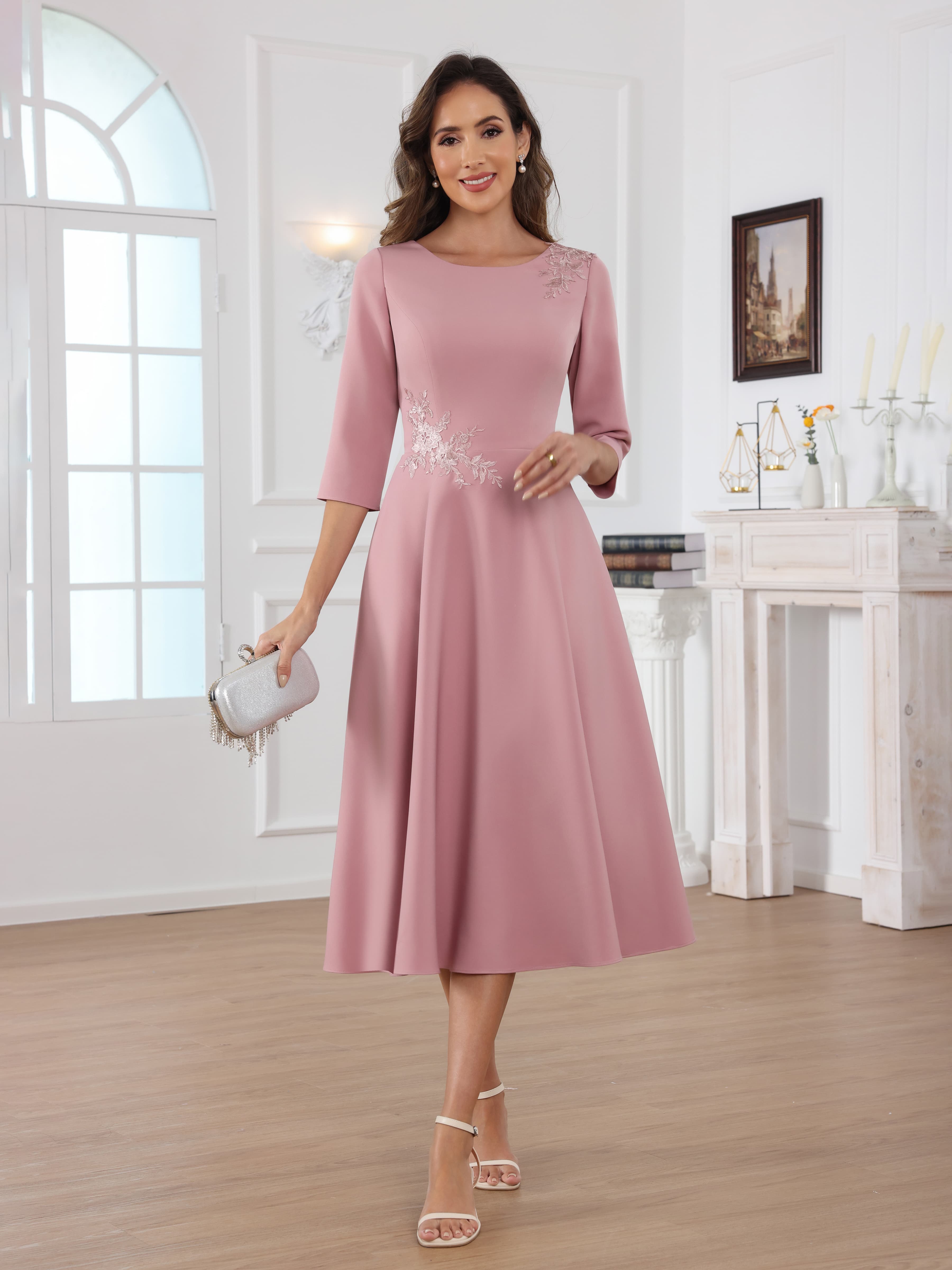 Robes Mère De La Mariée En Satin À Gracieuse Col Rond Longueur Thé Naelithara