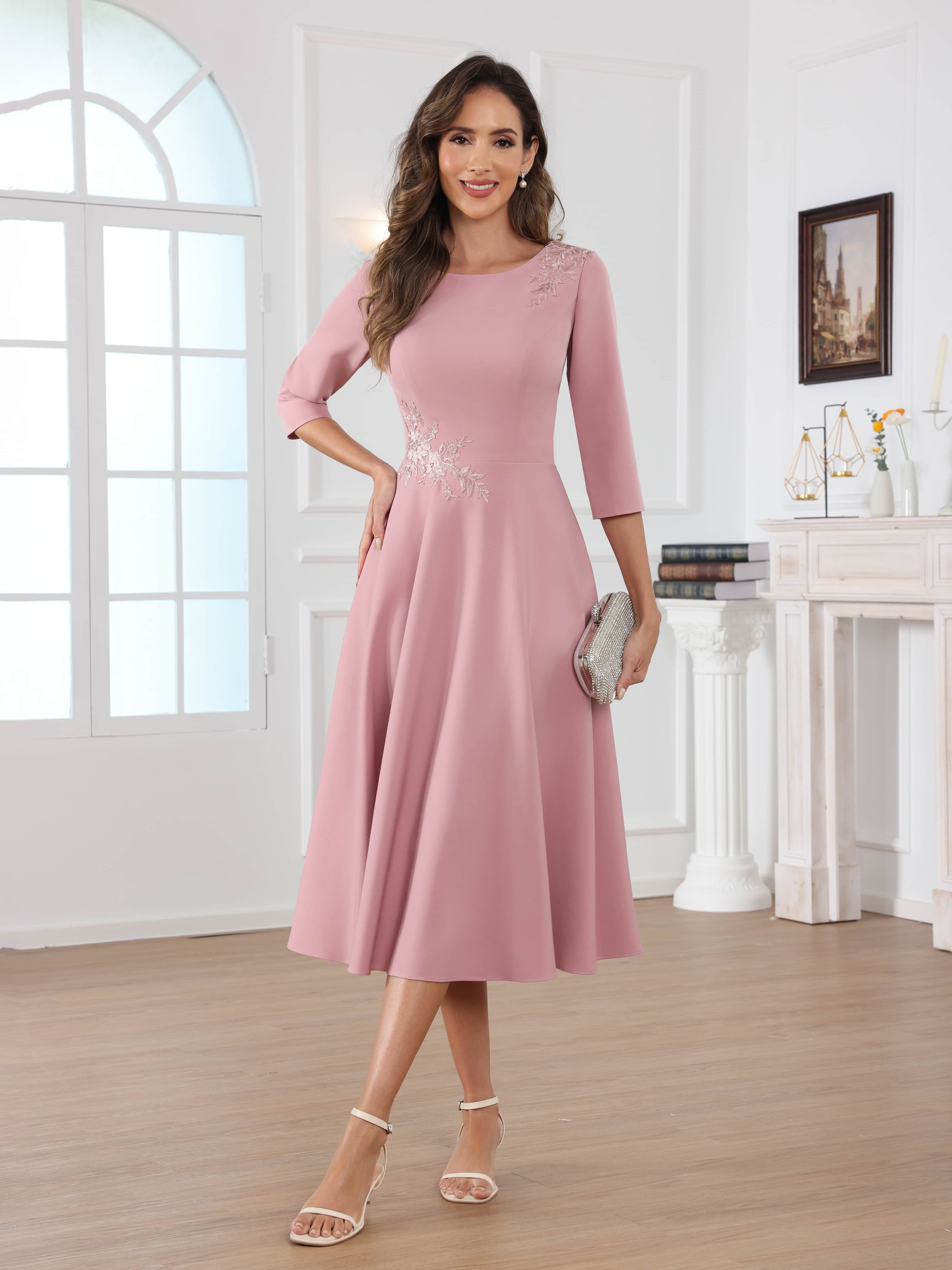 Robes Mère De La Mariée En Satin À Gracieuse Col Rond Longueur Thé Naelithara