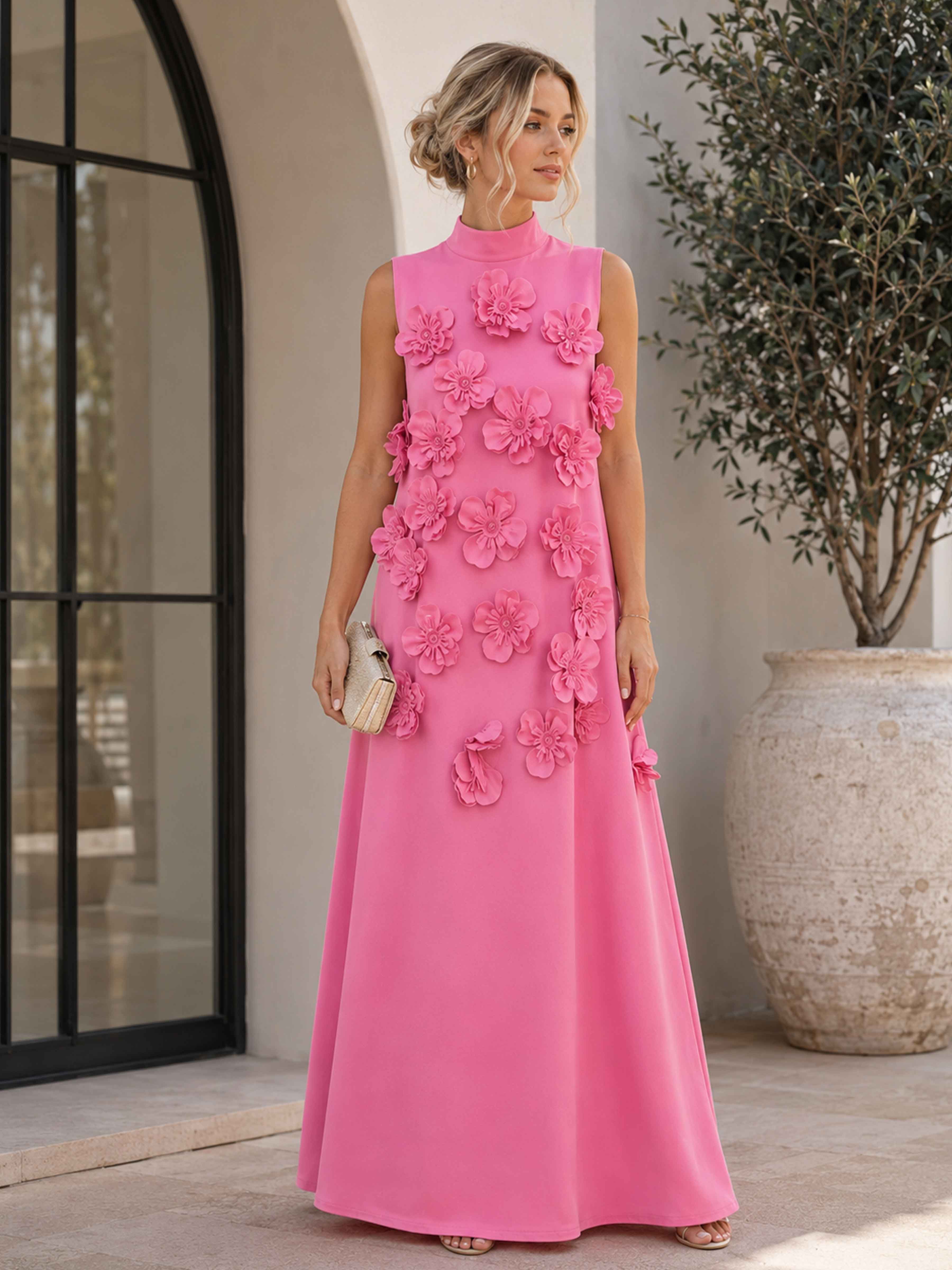 Robes De Soirée À Col Montant A-ligne Longue Avec Des Fleurs En 3D Rosalynne