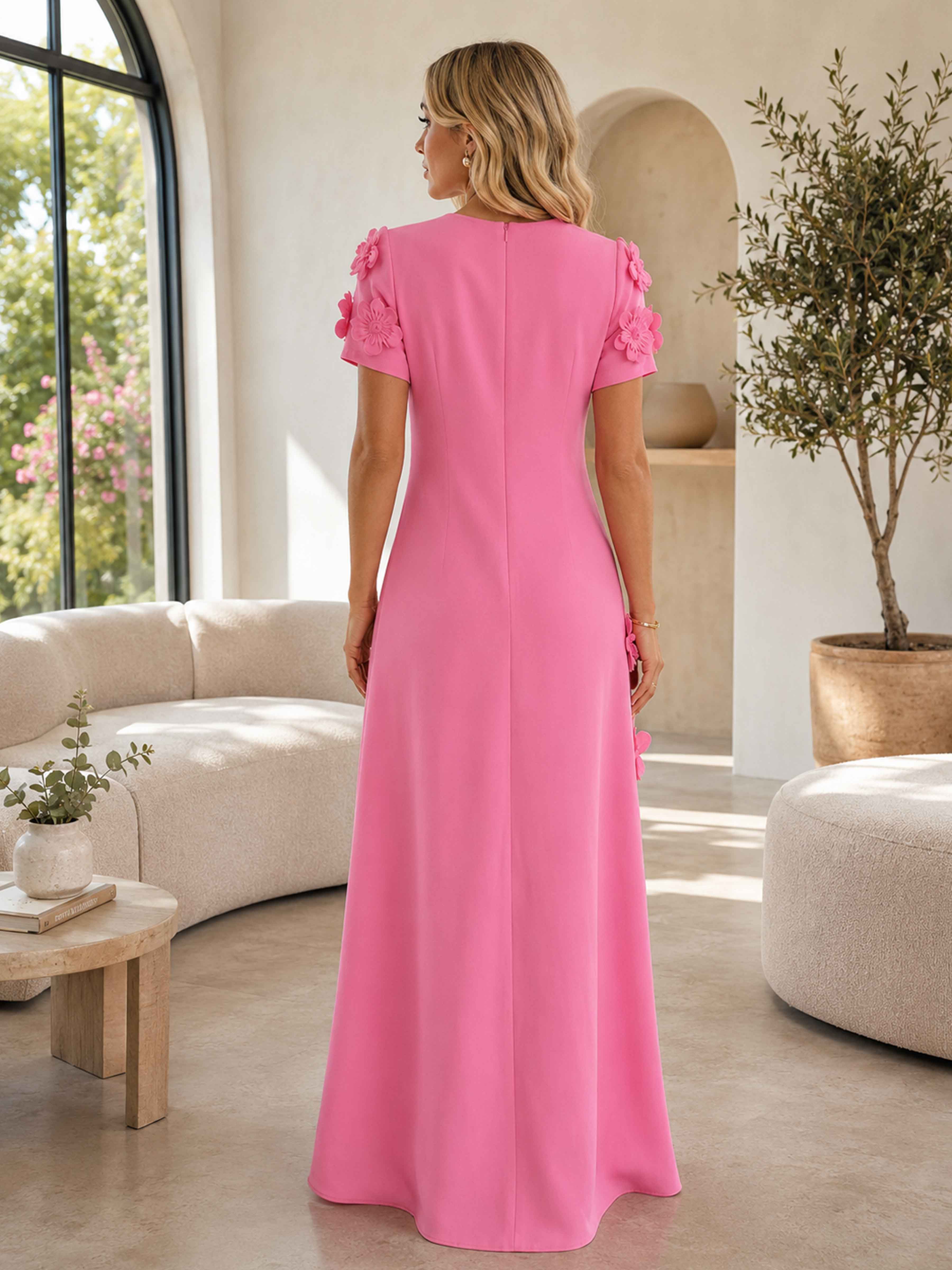 Robes De Soirée À Col Rond A-ligne Manches Courtes Appliqués Avec Des Fleurs En 3D Kalista