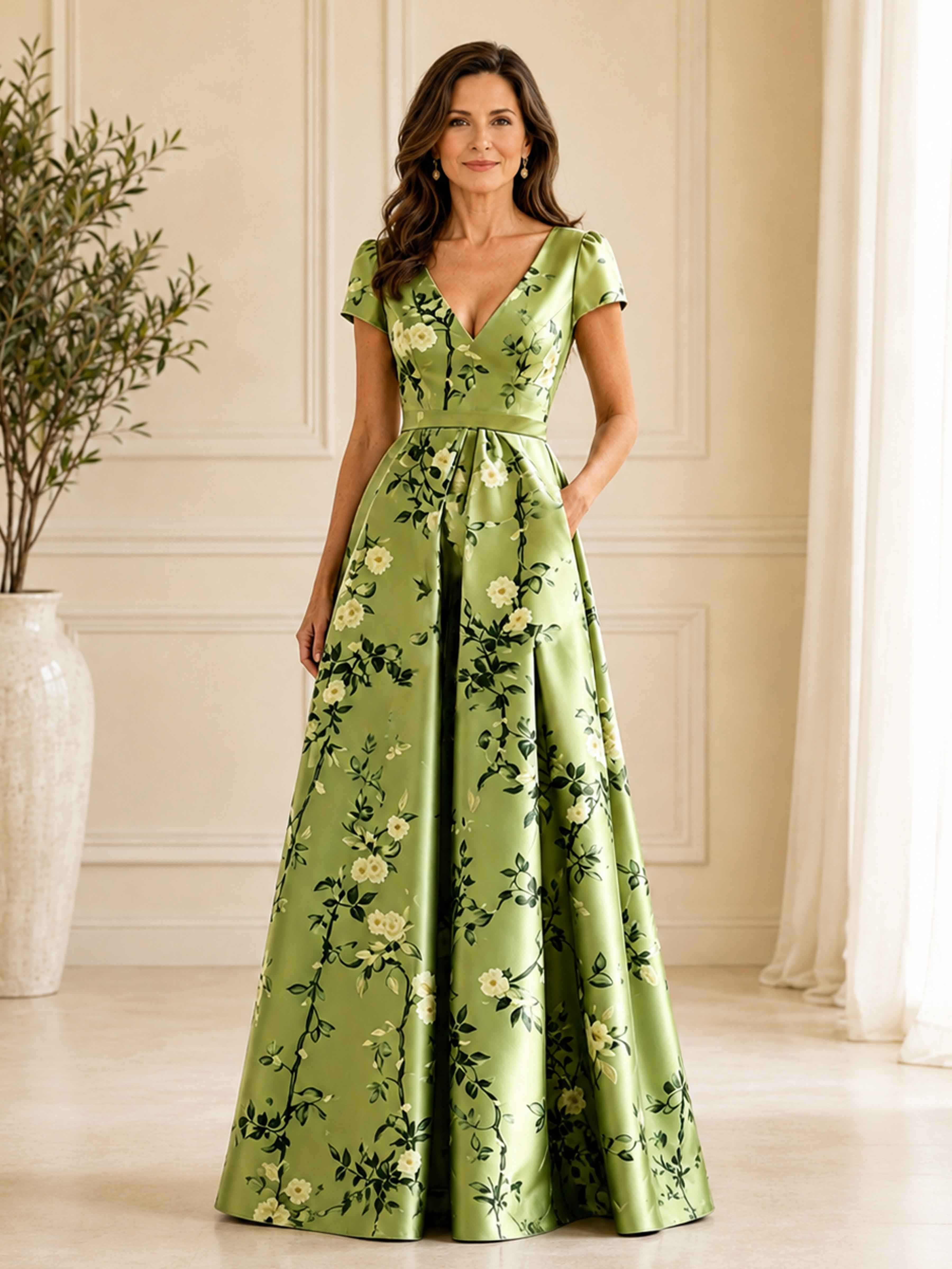 Robes Mère De La Mariée À Élégante Col V Satin À Motif Floral Coraliea