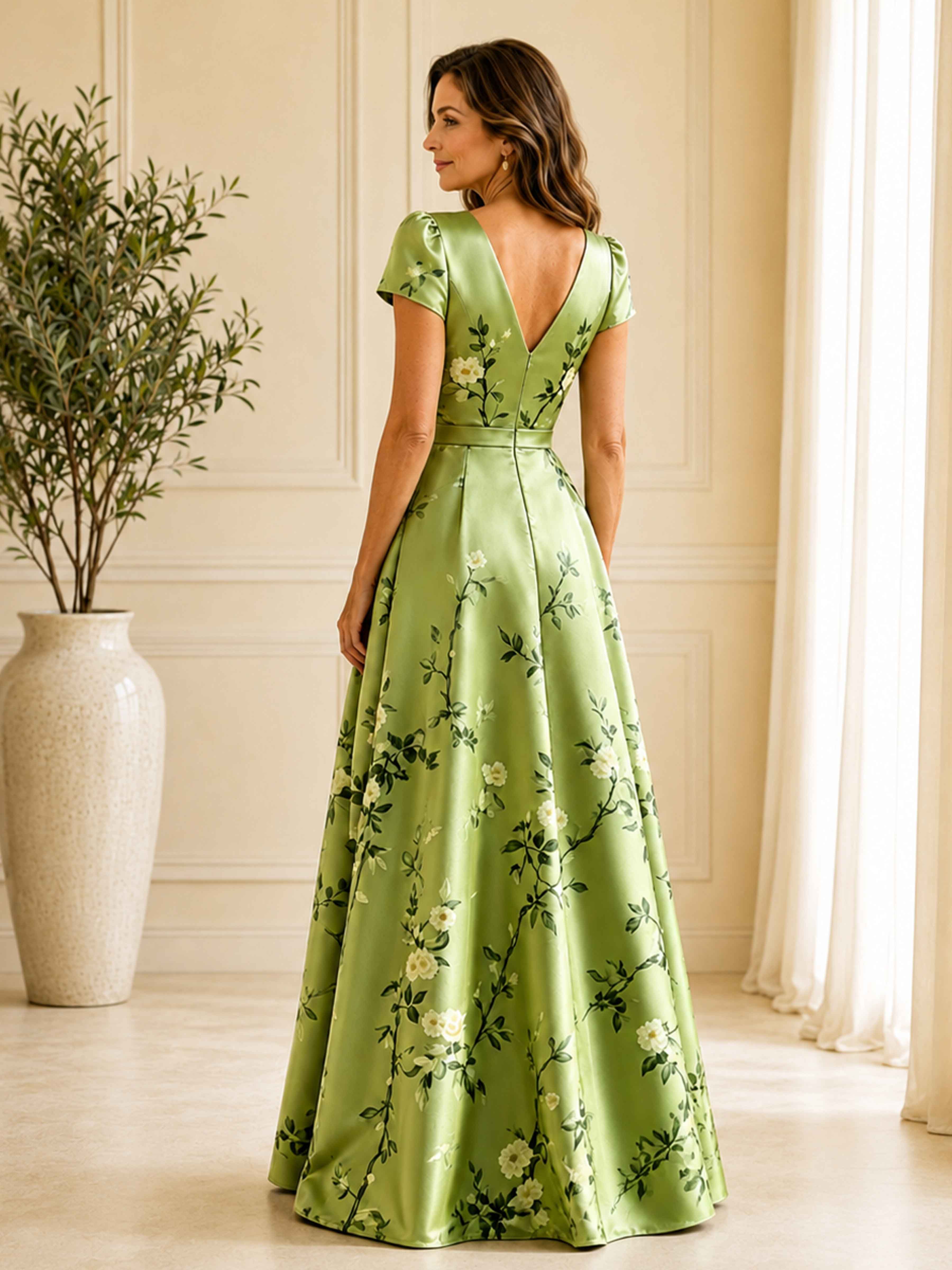Robes Mère De La Mariée À Élégante Col V Satin À Motif Floral Coraliea
