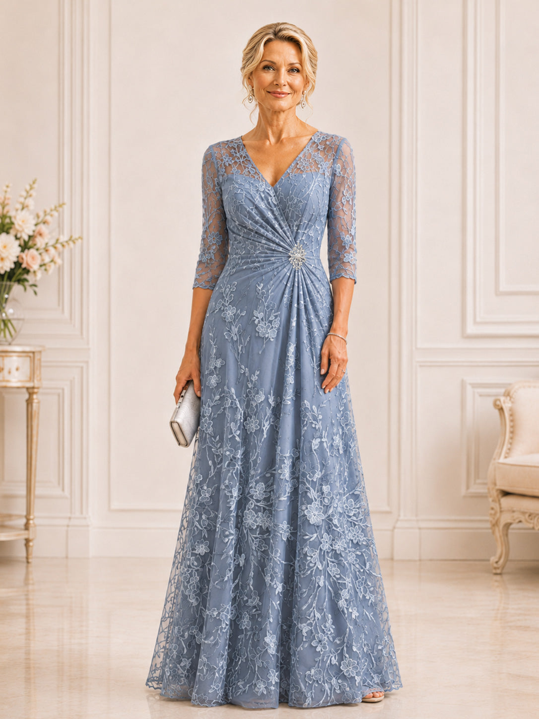 Robes Mère De La Mariée À Col V Dentelle Ruché A-ligne Isavelle