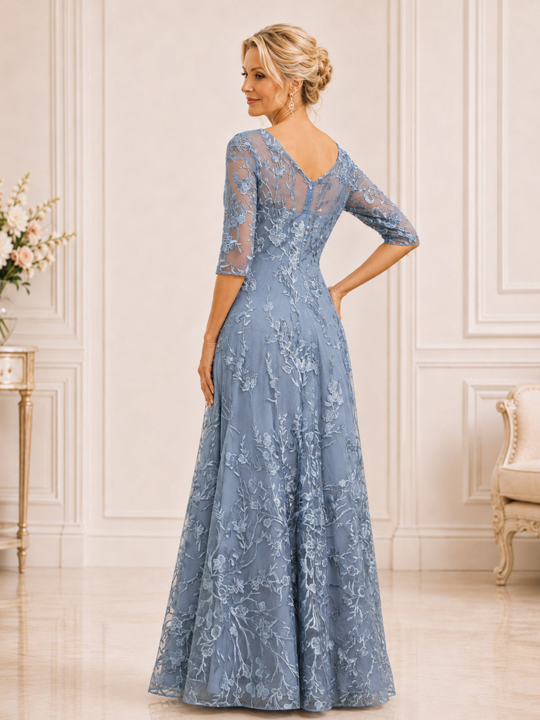 Robes Mère De La Mariée À Col V Dentelle Ruché A-ligne Isavelle