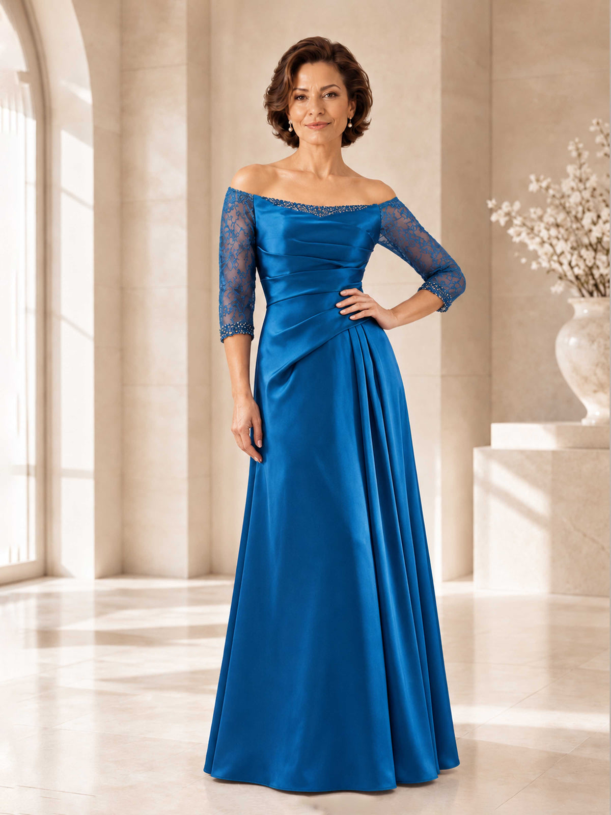 Robes Mère De La Mariée En Satin Dentelle À Élégante Épaules Dénudées Elisienne