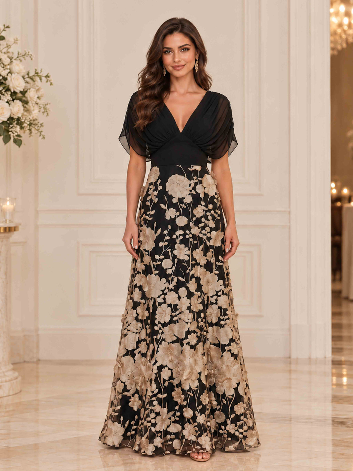 Robes Mère De La Mariée En Mousseline À Élégante Col V Manches Papillon Appliqués Ismerella
