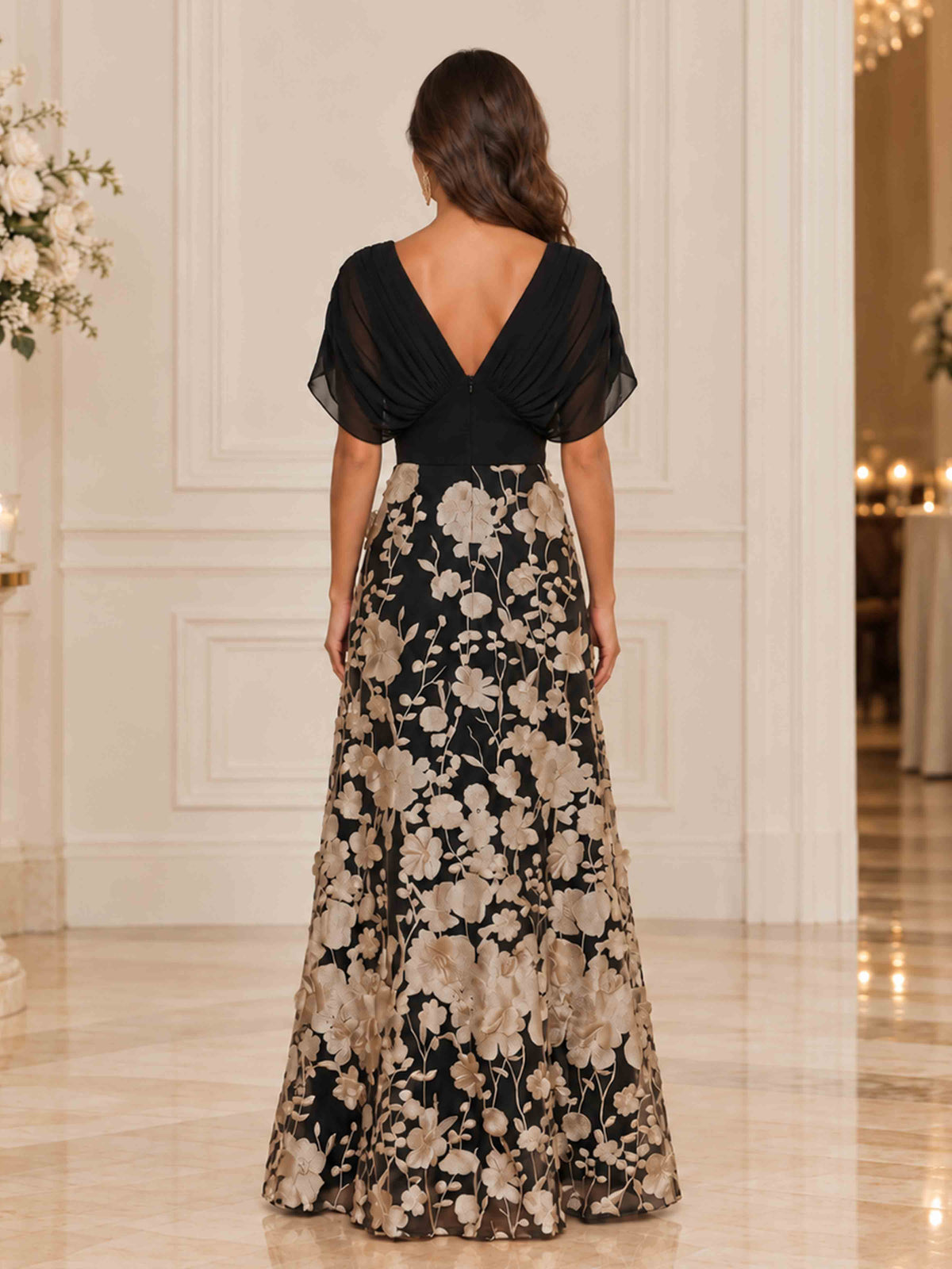 Robes Mère De La Mariée En Mousseline À Élégante Col V Manches Papillon Appliqués Ismerella