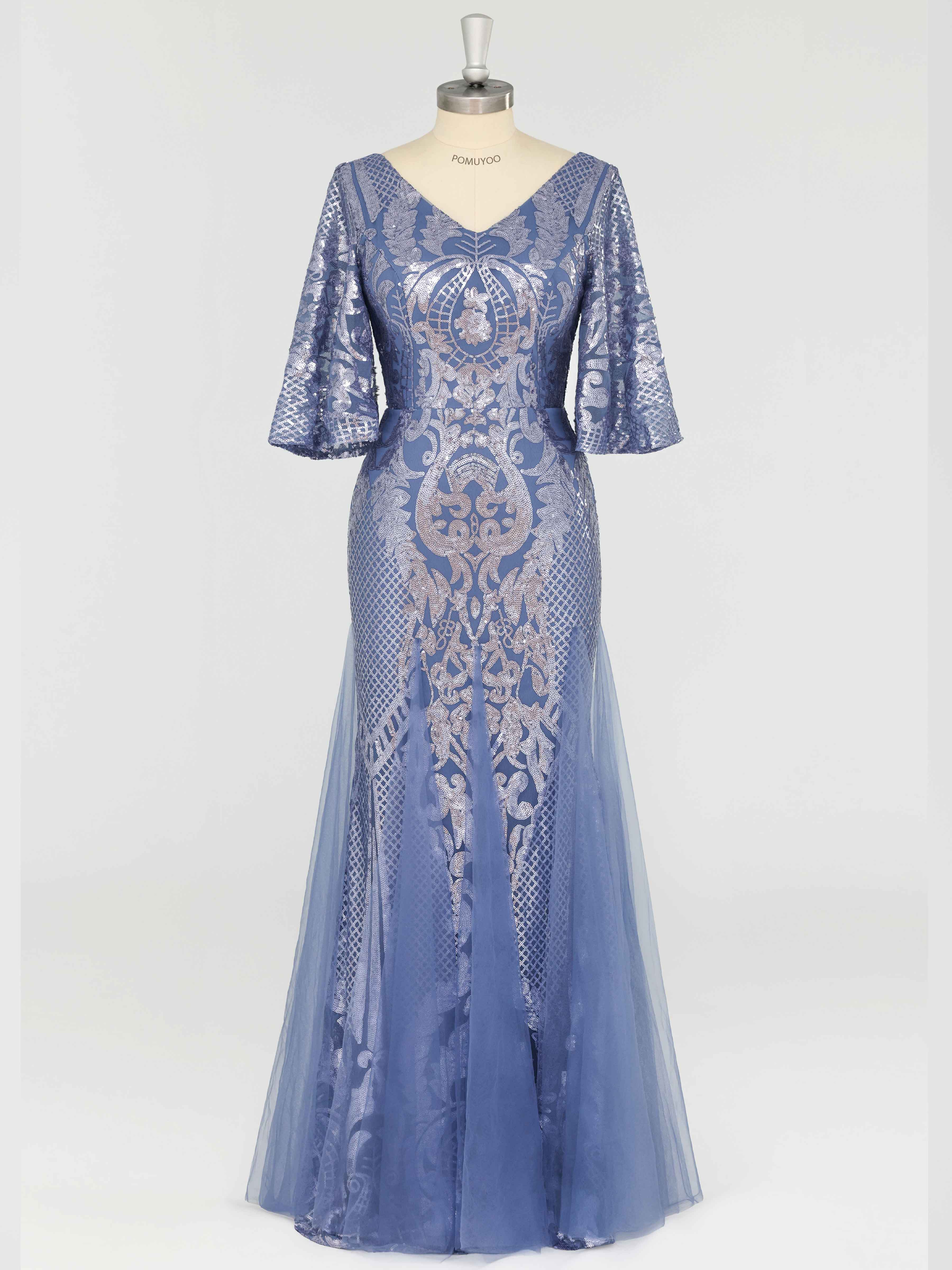 Robes Mère De La Mariée En Pailleté À Col V Manches Évasée Ilaria