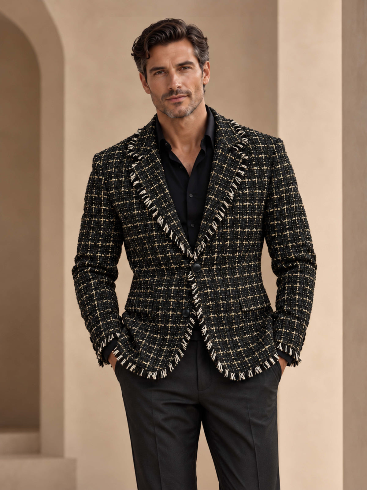 Costume Homme 2 Pièces En Tweed à Carreaux Avec Veste à Franges Et Pantalon