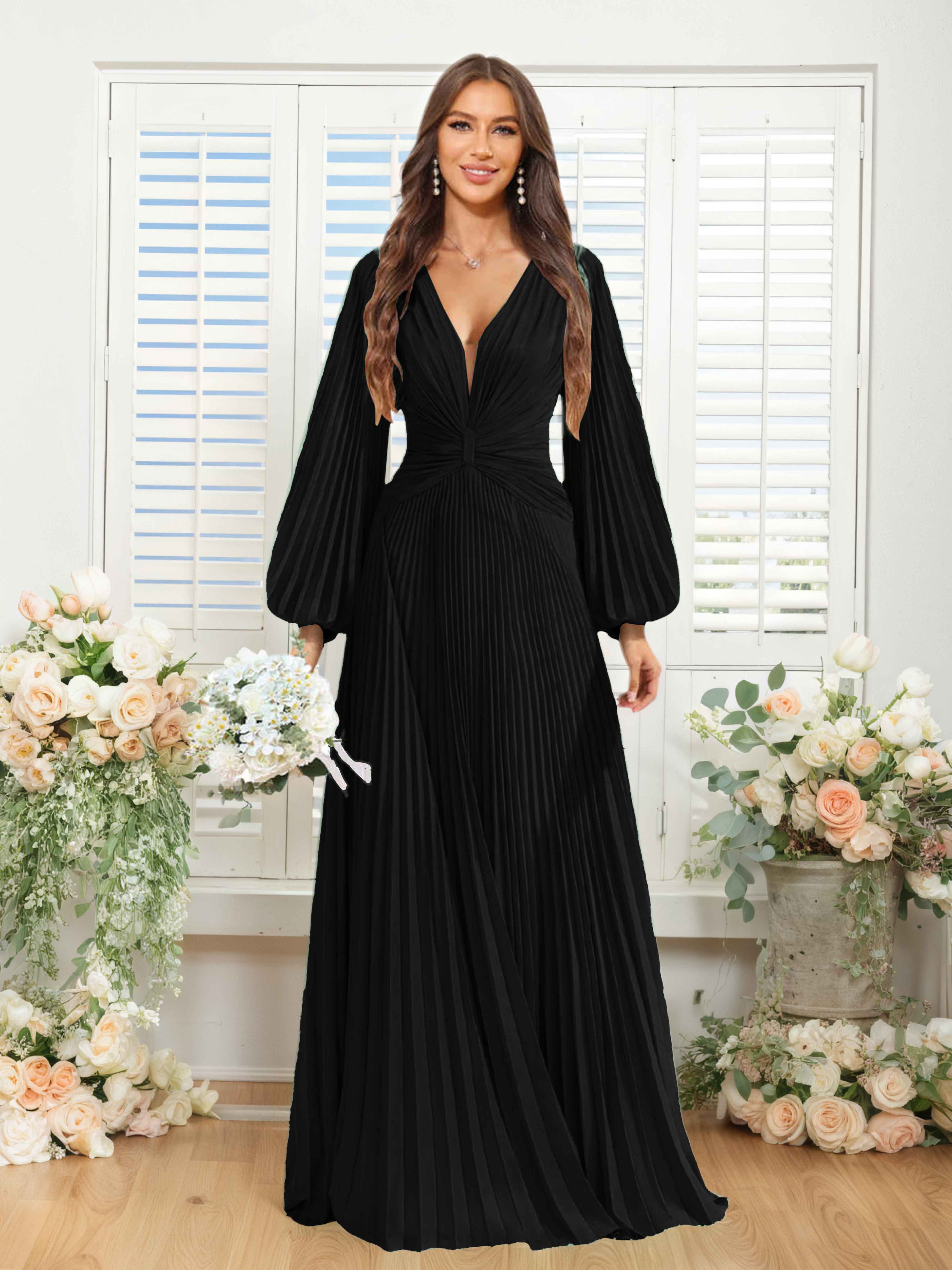 Robes De Demoiselle D'Honneur En Mousseline À Col V Ruché Longue Nerys