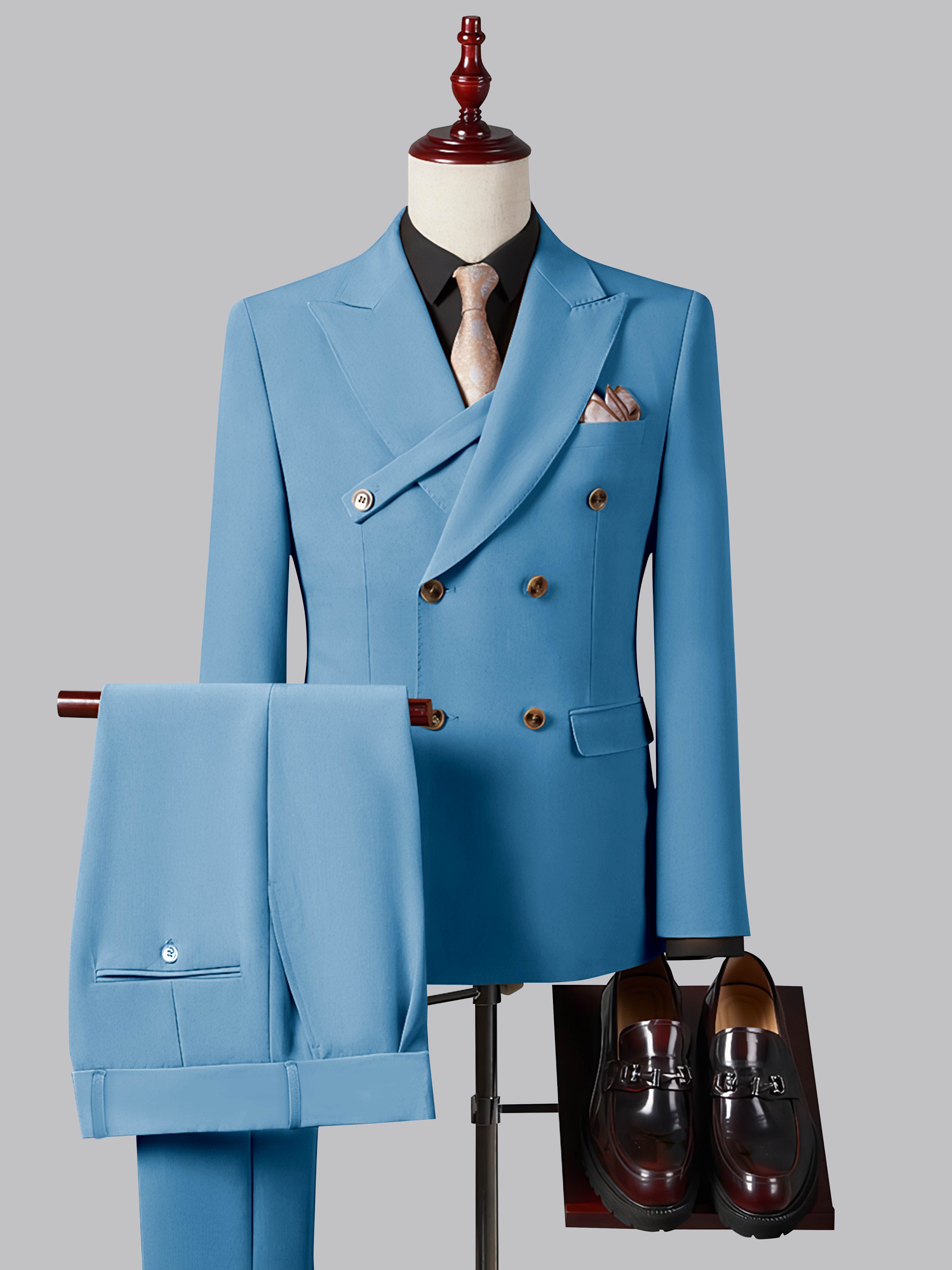 Costume Homme Ajusté Élégant Double Boutonnage Ceinturé À Revers Pointus 2 Pièces